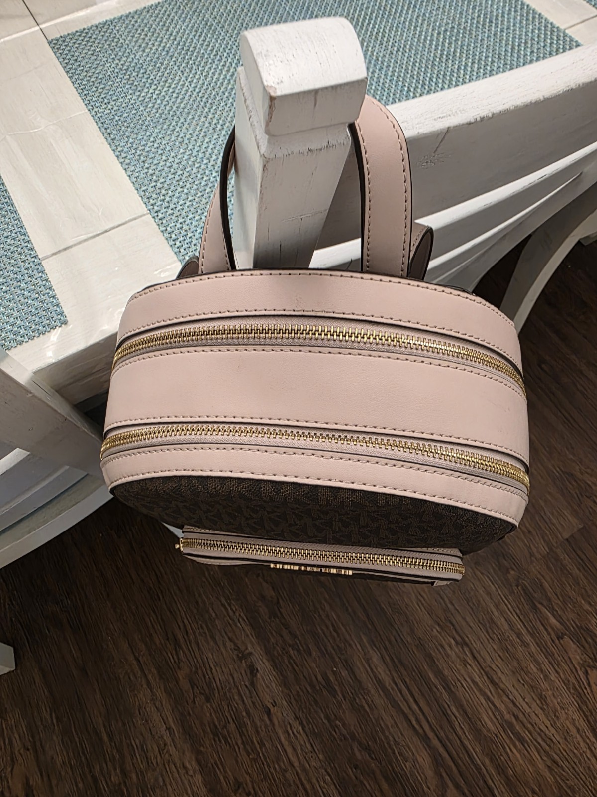 Michael Kors Monogram Small Backpack Brown/Pink Gold Hardware Zip Pockets