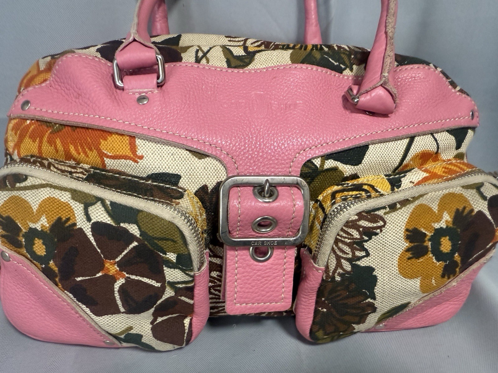 The Original CAR SHOE Hobo PINK Leather Purse PRADA Floral Canvas Bag CAR-SHOE