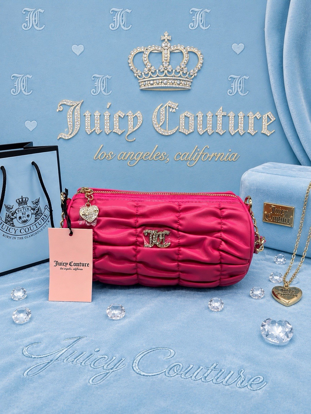 Juicy Couture Pink Small Cylinder Shoulder Bag Zip Quilted Logo Heart Charm