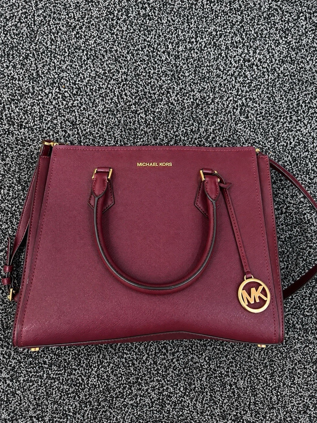 Michael Kors Burgundy Satchel Zip Top Gold Hardware Strap & Charm