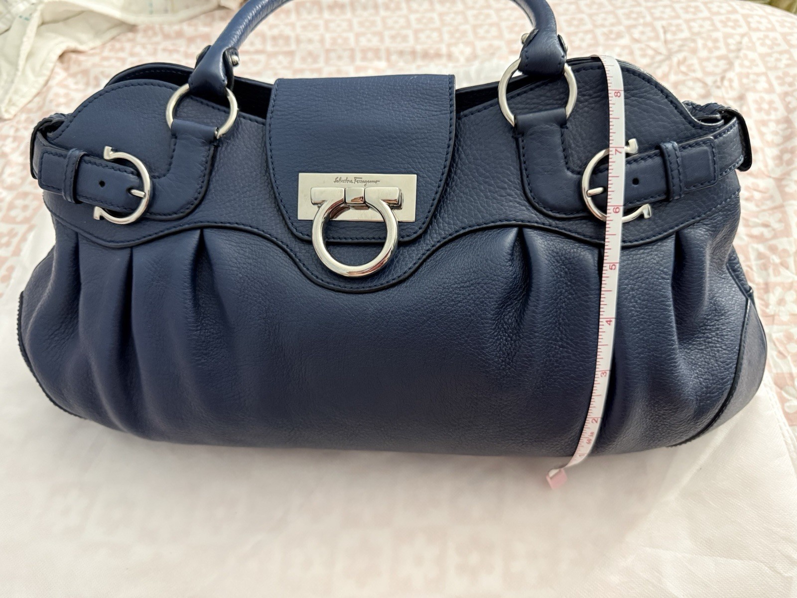 Salvatore Ferragamo Blue Pebbled Satchel Top Handle Zip Silver Hardware Buckle