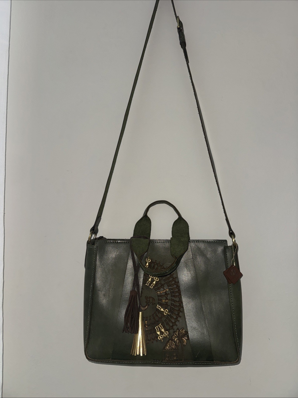 Rare Boho Handmade Olive Leather Bag Womens, Egypt With Gold Unique Stunning