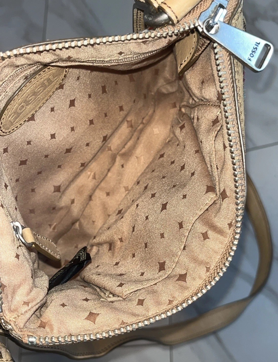 Fossil Colorful Geometric Crossbody Bag Adjustable Leather Strap Zip & Turn Lock