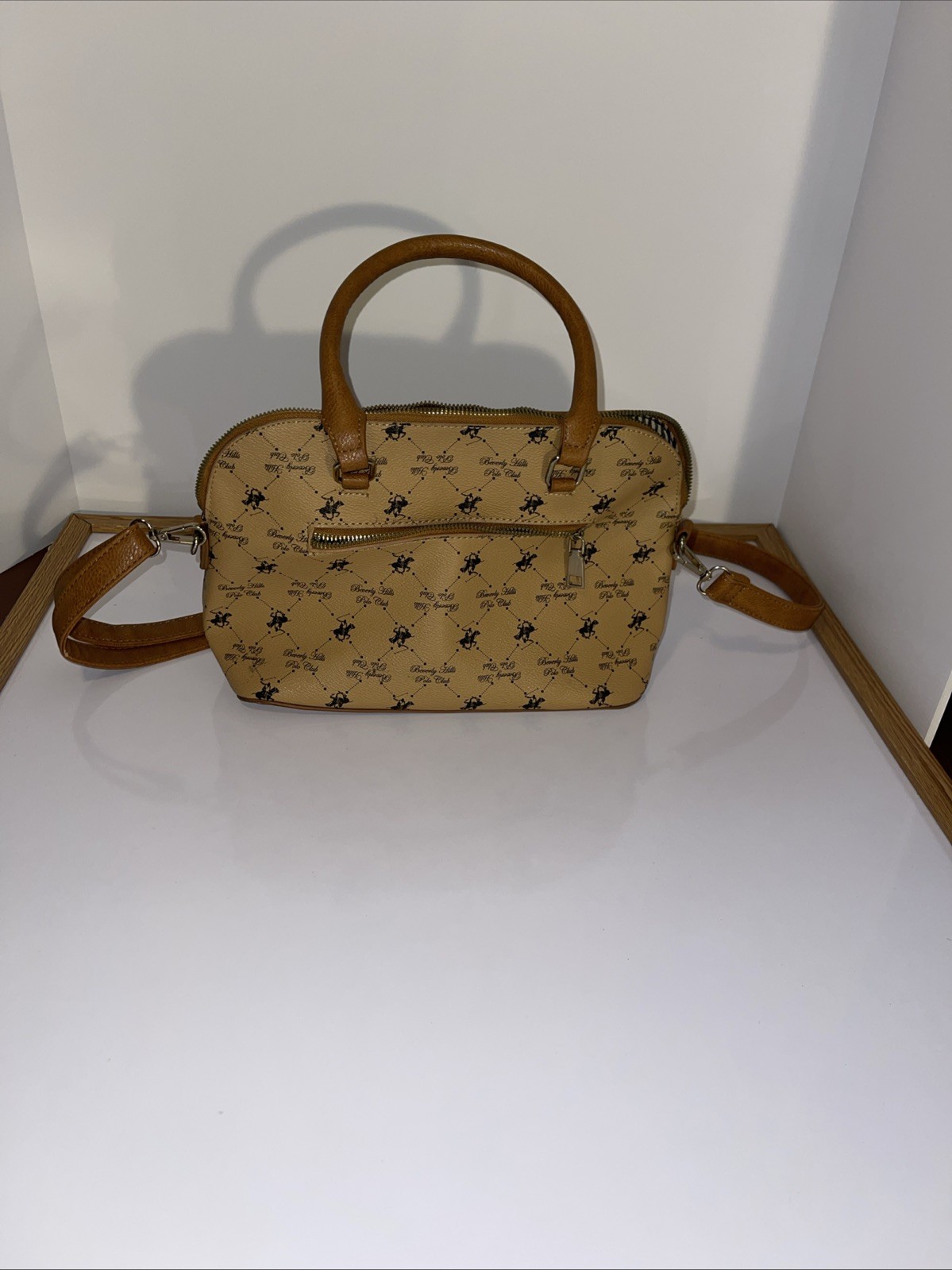 Beverly Hills Polo Club Monogram Dome Satchel Handbag Crossbody Tan Beige GREAT