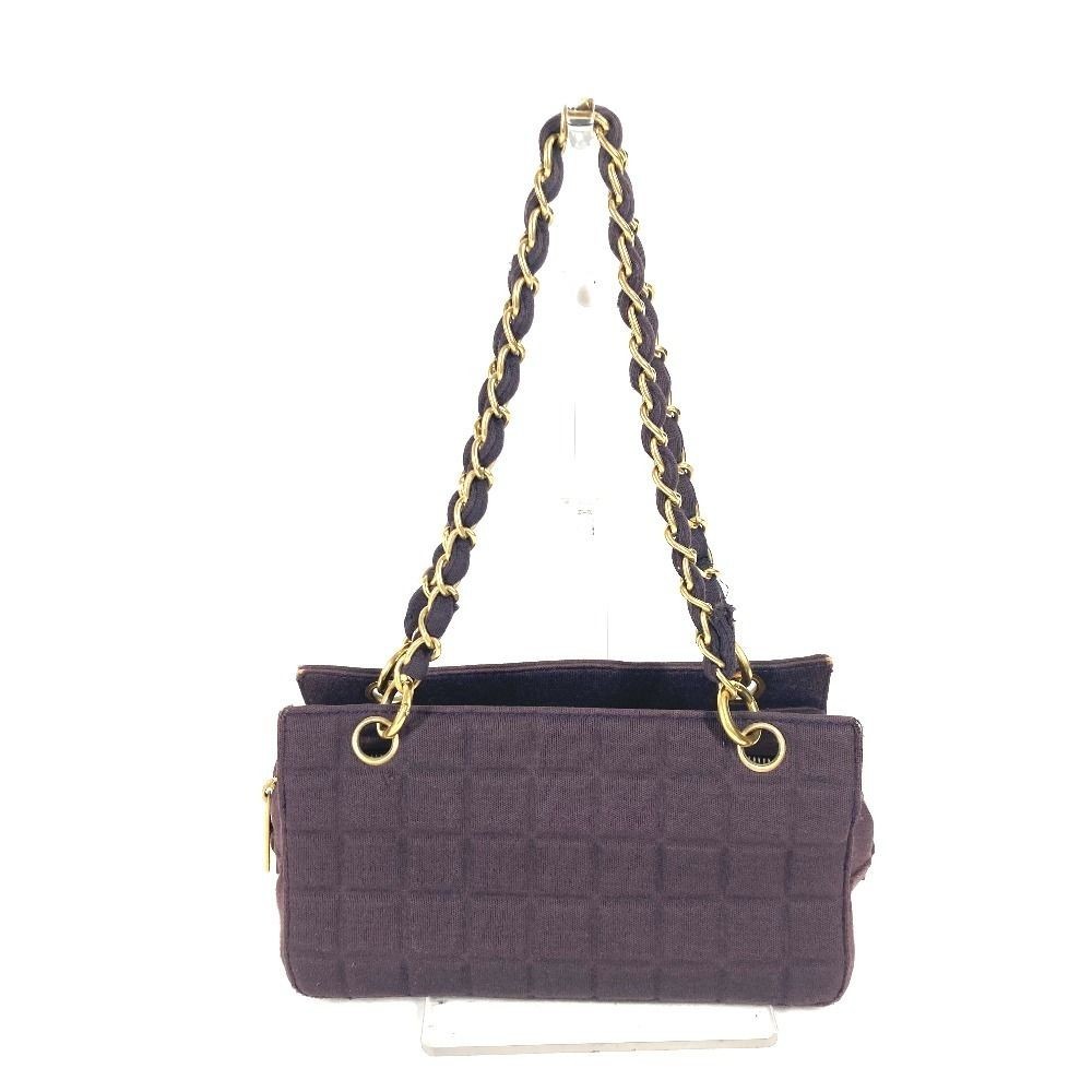 Chanel CC Logo Chocolate Bar Double Chain Shoulder Bag Purple Jersey Authentic