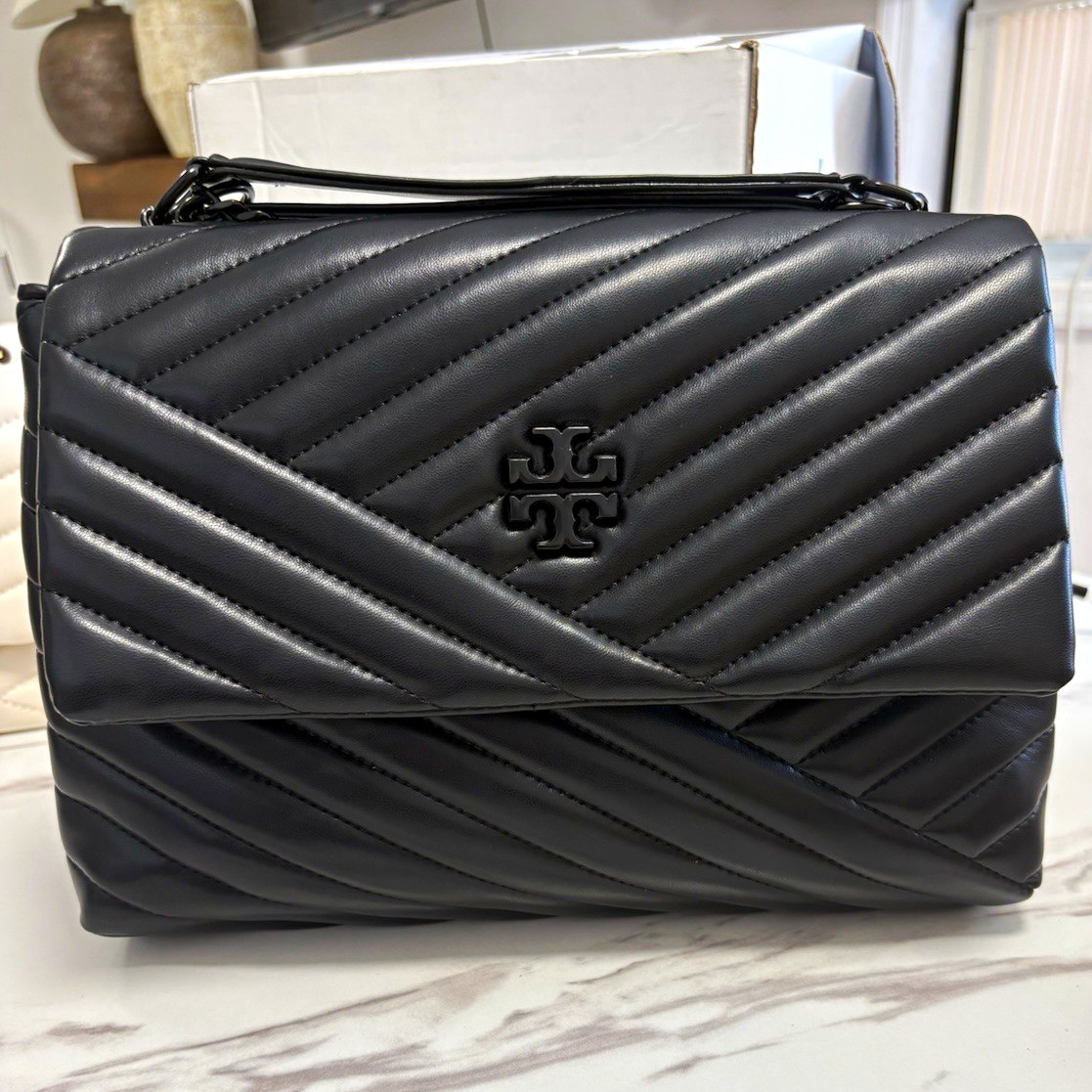 Tory Burch Black Chevron Quilted Medium Shoulder Bag, Logo Chain Strap Zip