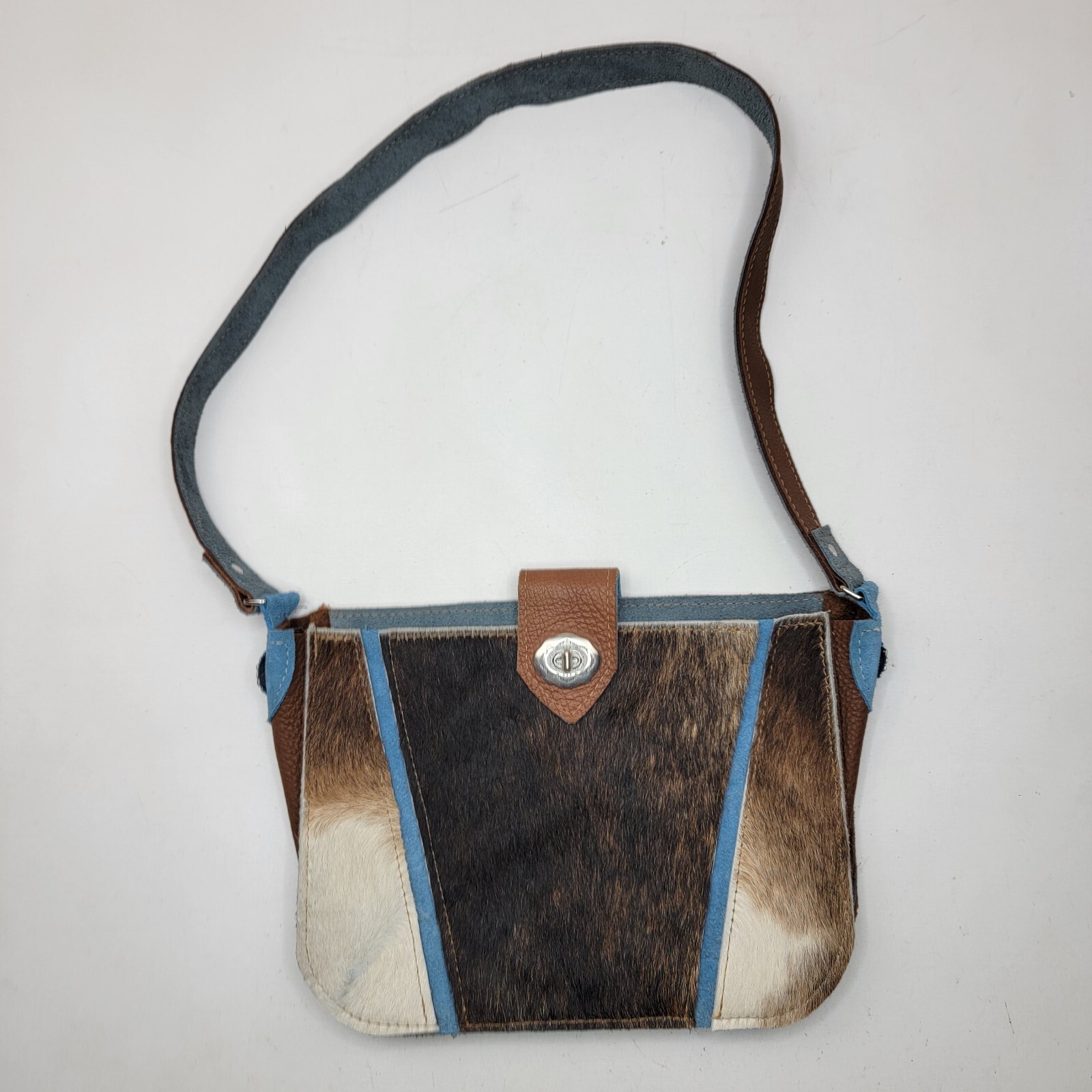 Handmade Leather Cowhide Fur Purse 11×8 Inches Blue