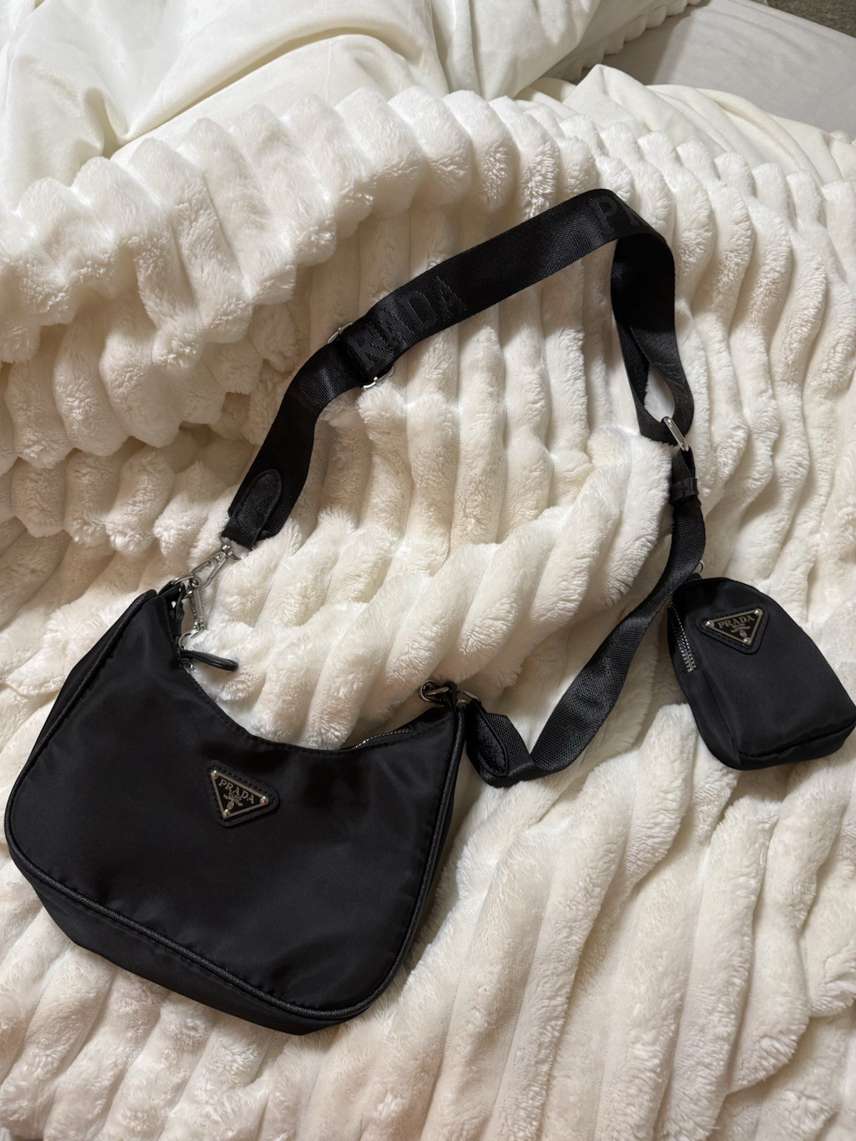 Authentic Prada Re-Edition 2005 Re-Nylon Black Shoulder Bag w/ Pouch & Logo Stra