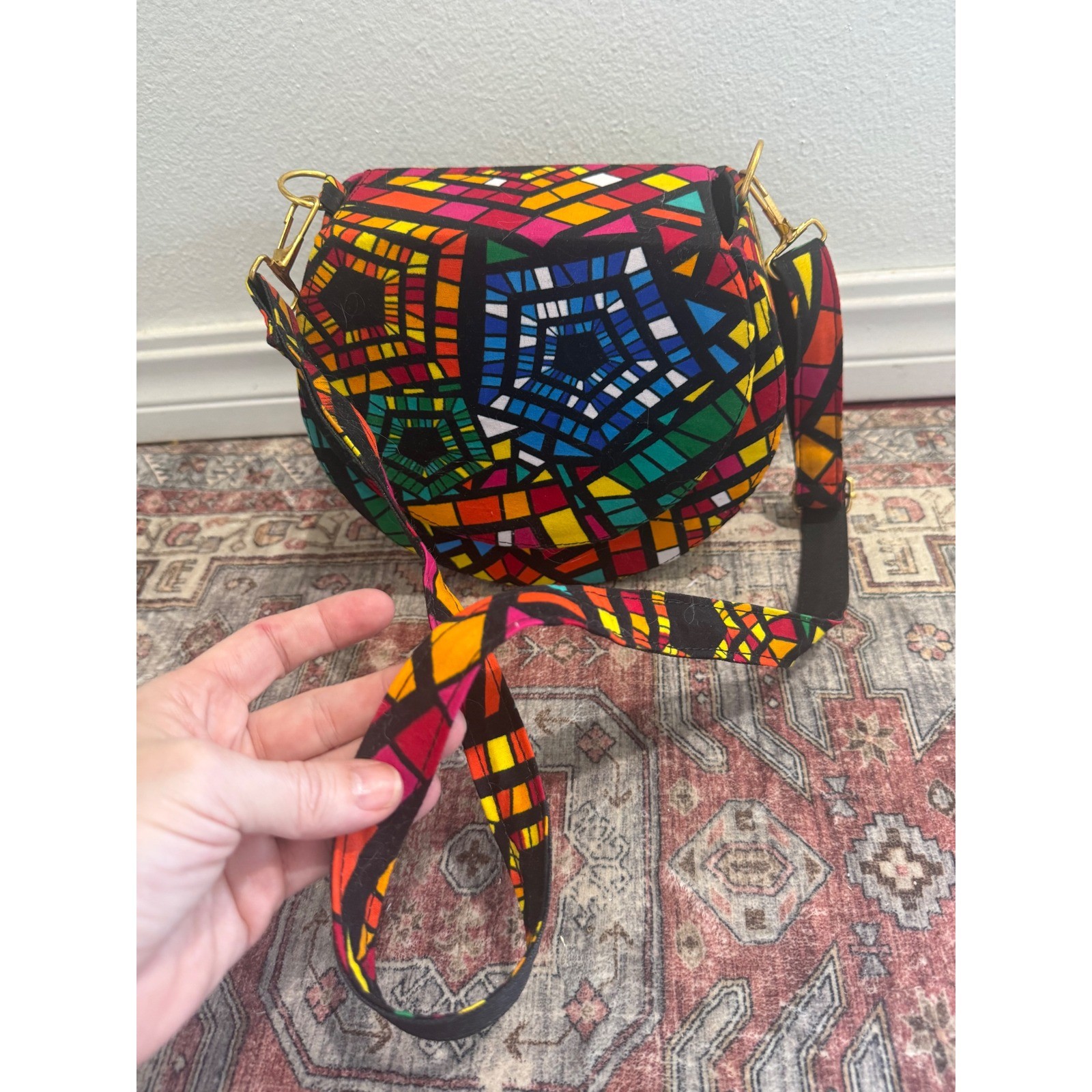 Beyond Uganda Handmade Geometric Mosaic Crossbody Multicolor Round Saddle Bag