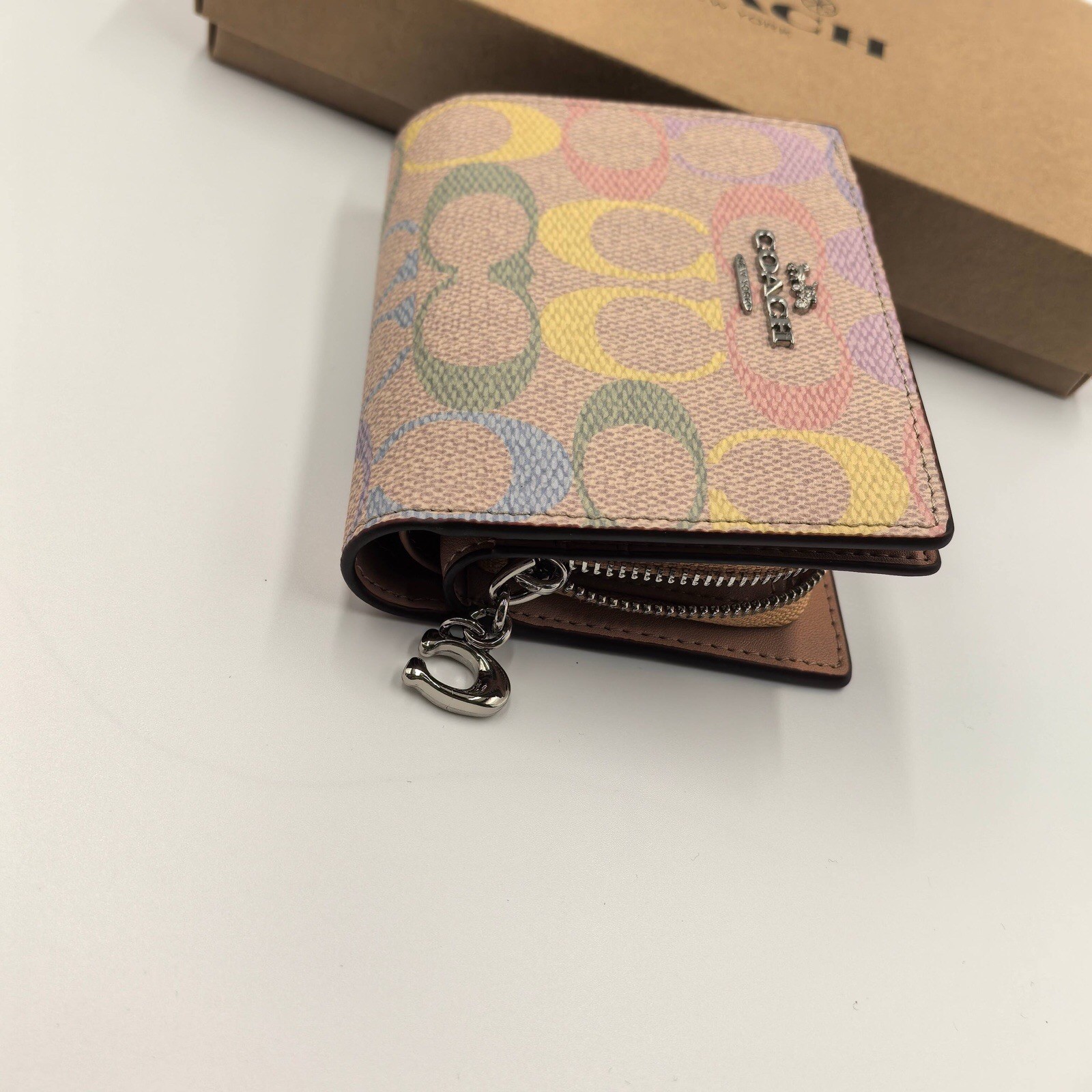 NWT Coach Snap Wallet In Rainbow Signature Canvas CDD11 Silver Sand Multi