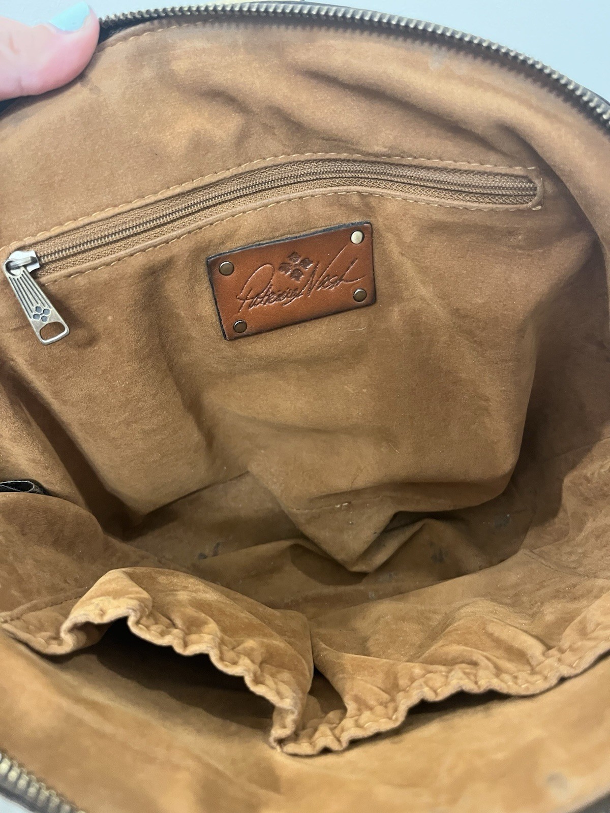 Patricia Nash Meldola cream woven leather tote with a round acrylic handle