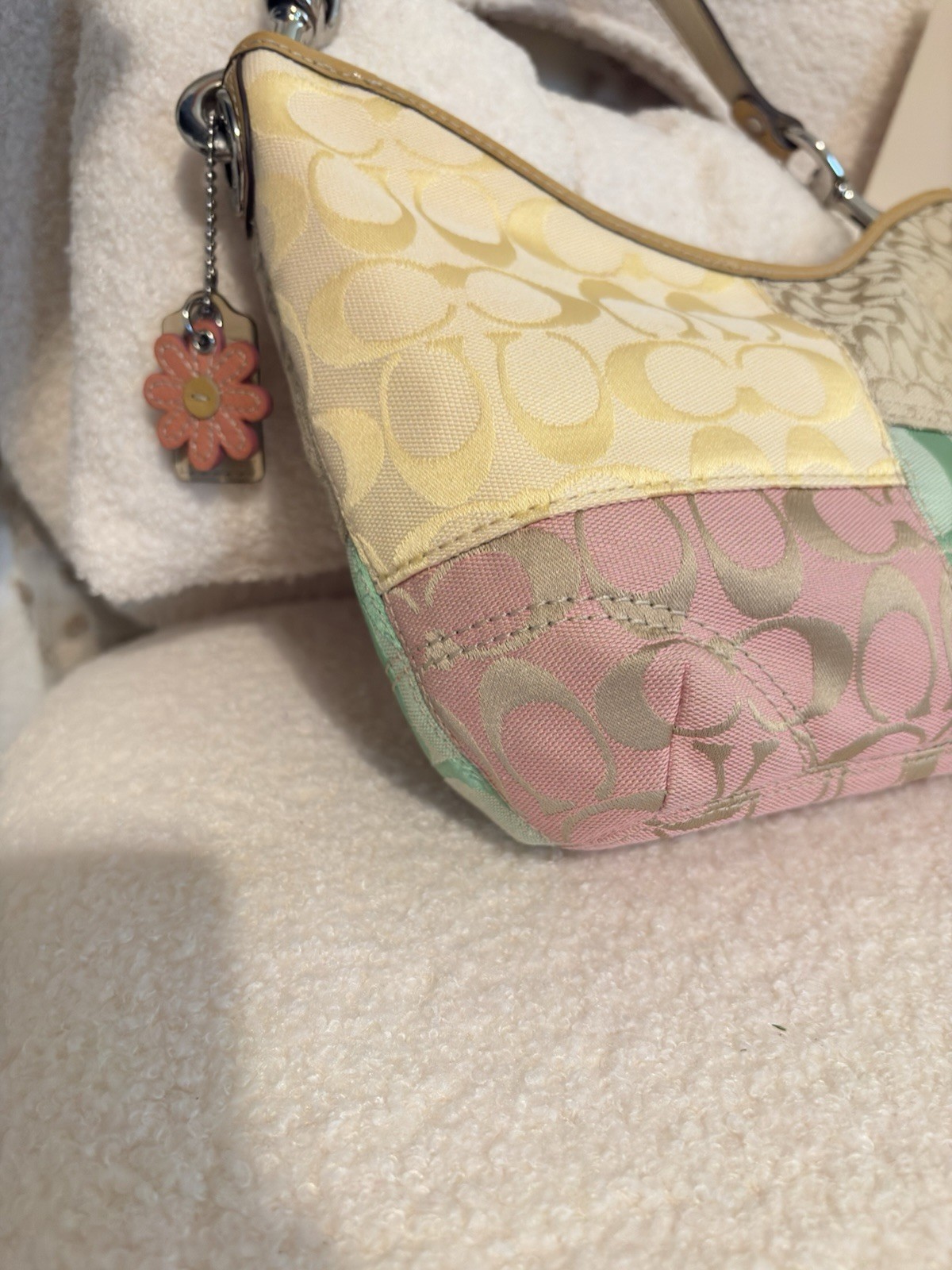 Coach Signature Patchwork Small Shoulder Bag Multicolor Zip w/ Flower Charm
