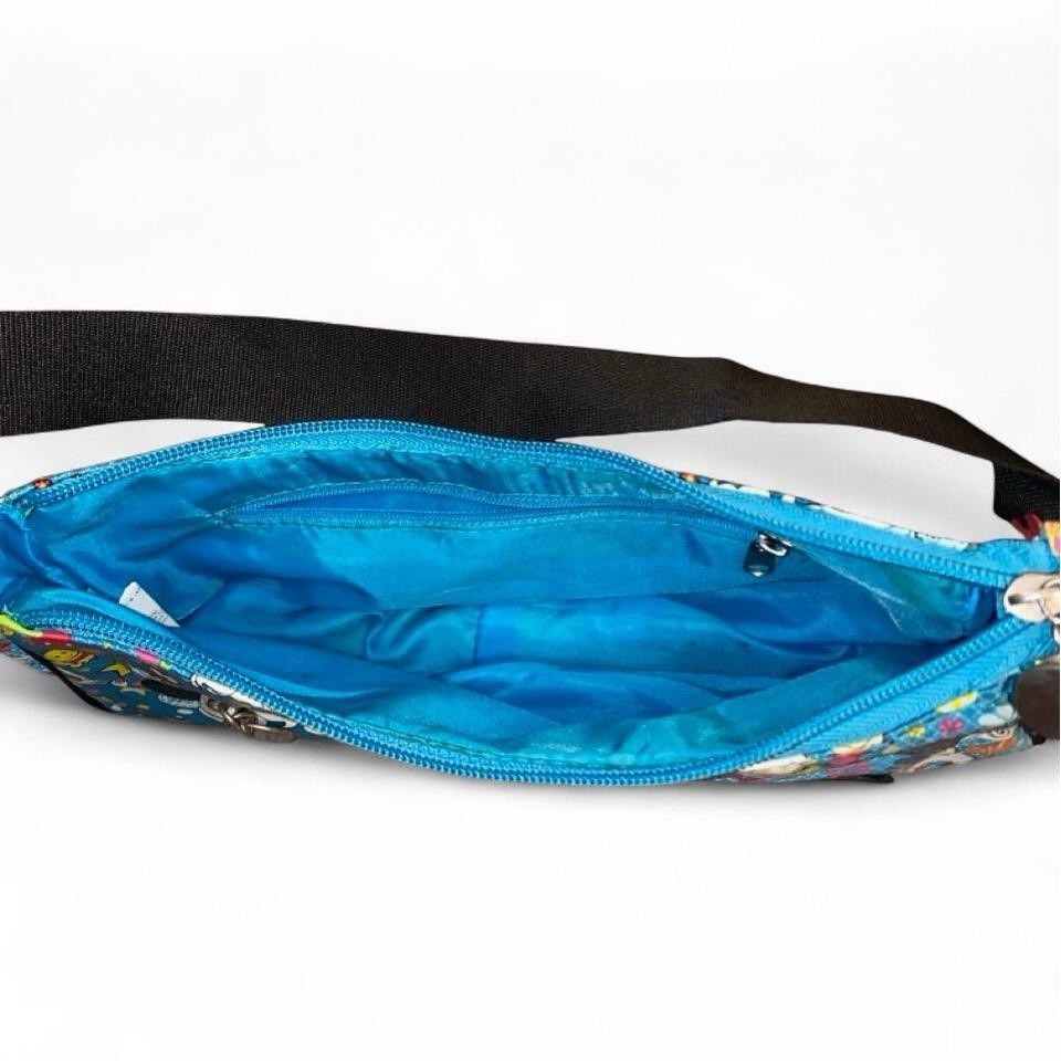 Blue handbag with cartoon characters and speech bubbles