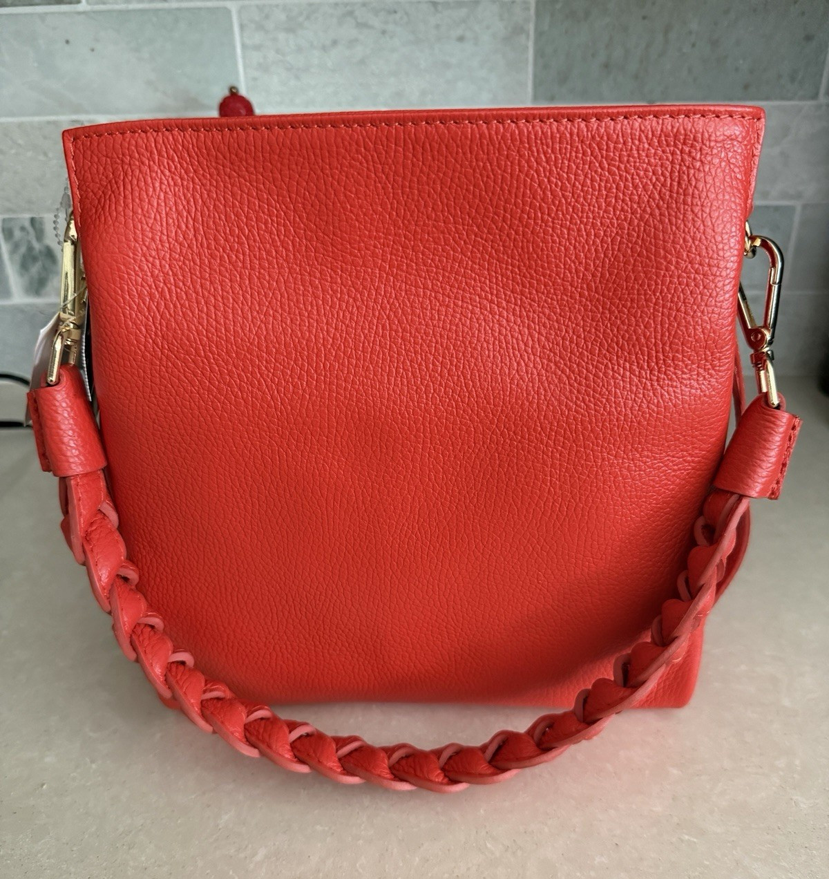 Viola Castellani Red Pebbled Top Handle Bag Zip Closure Detachable Strap Gold