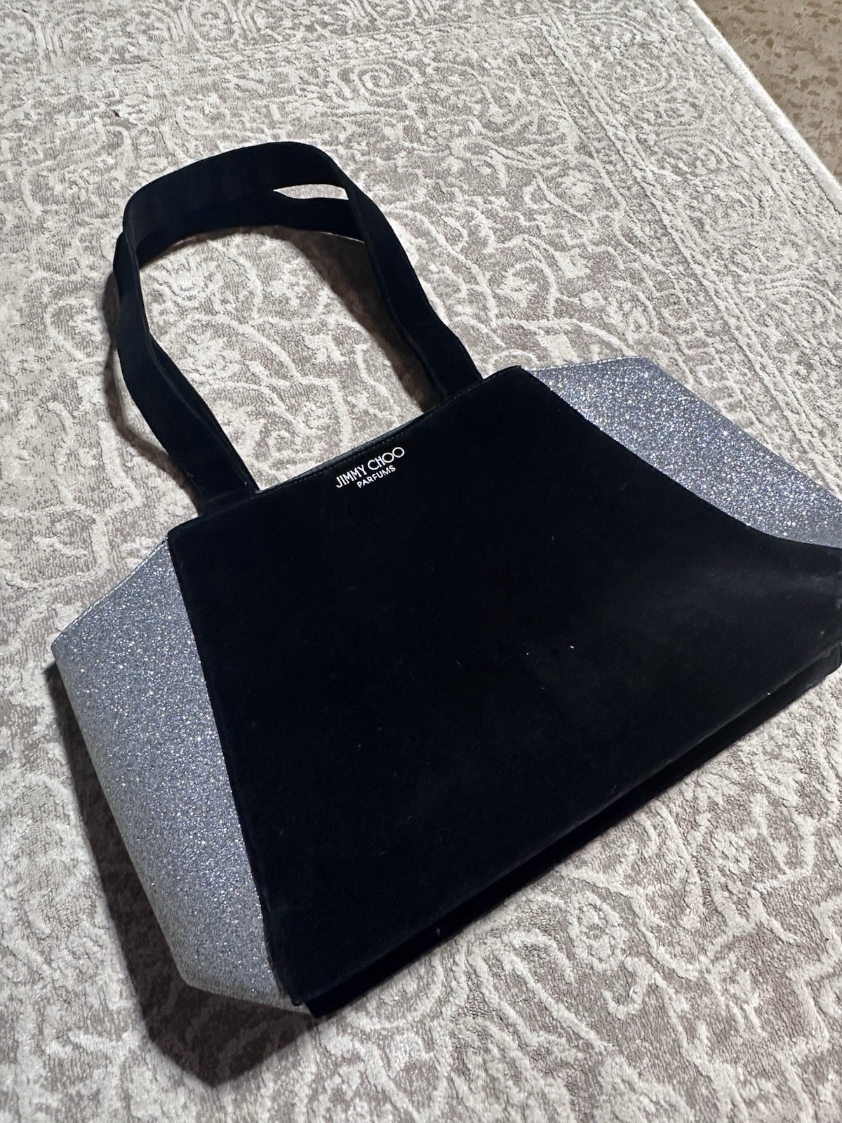 Jimmy Choo Black Tote Bag Silver Glitter Sides, Lined, Pouch, Double Handles
