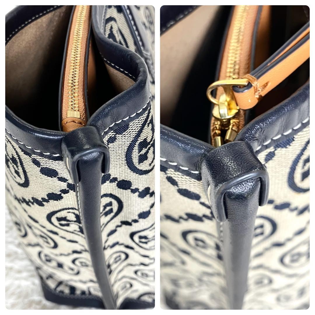 Tory Burch Perry T Monogram Triple Compartment Navy Beige Leather Tote Bag