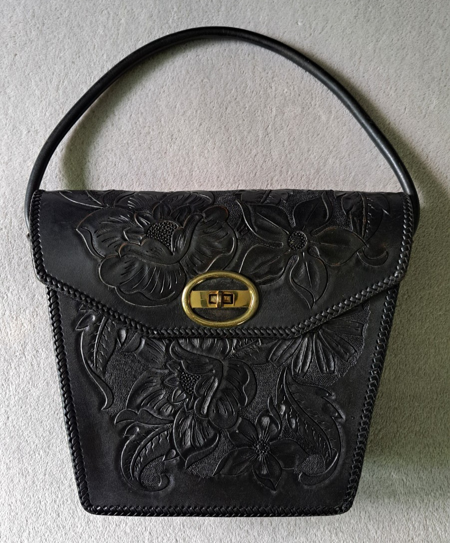 Vintage Hand Tooled Leather Black Purse Handbag Western Cowgirl Chic 1970s BOHO