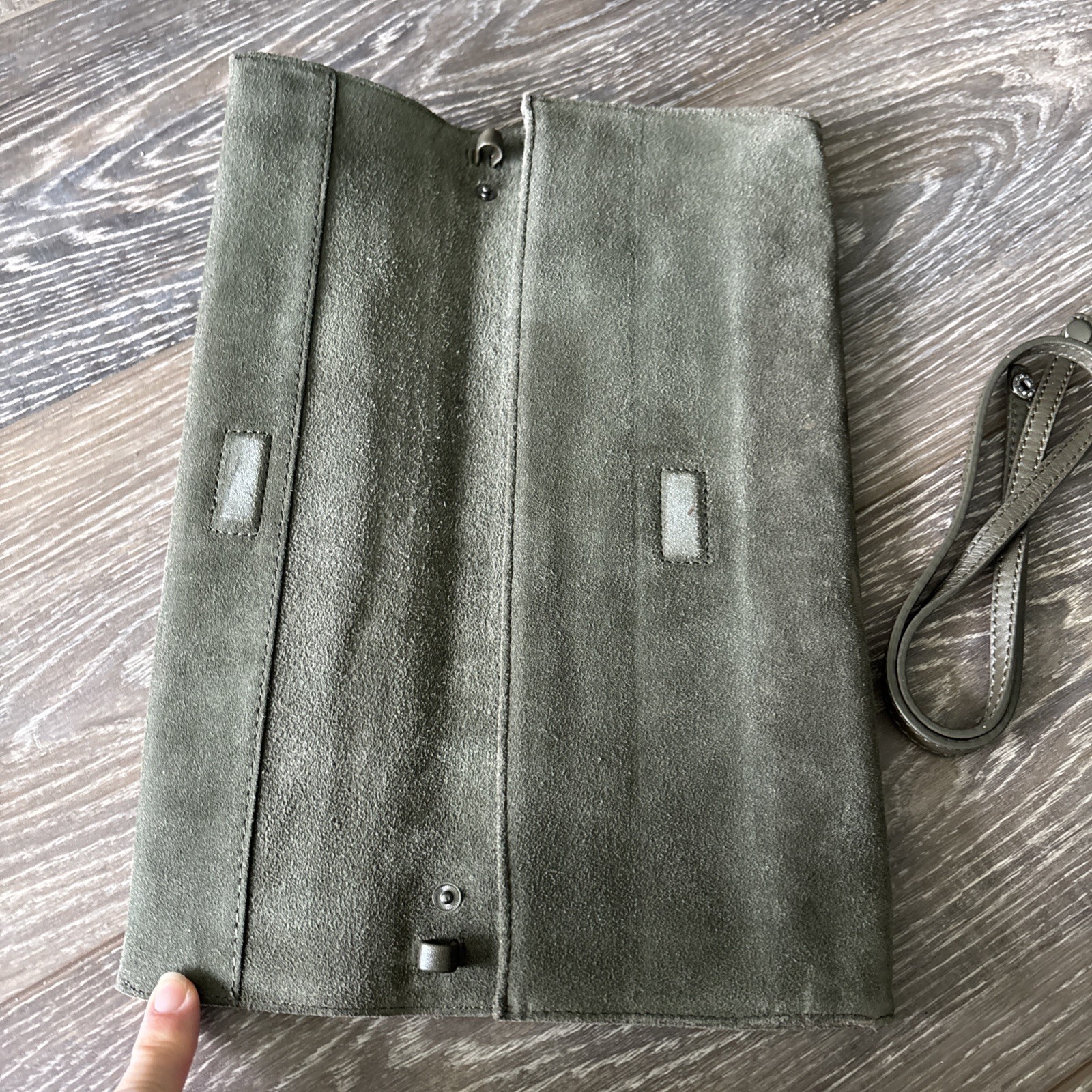 NWOT Via Spiga Olive Suede Clutch Bag Shoulder Strap 13×5 In