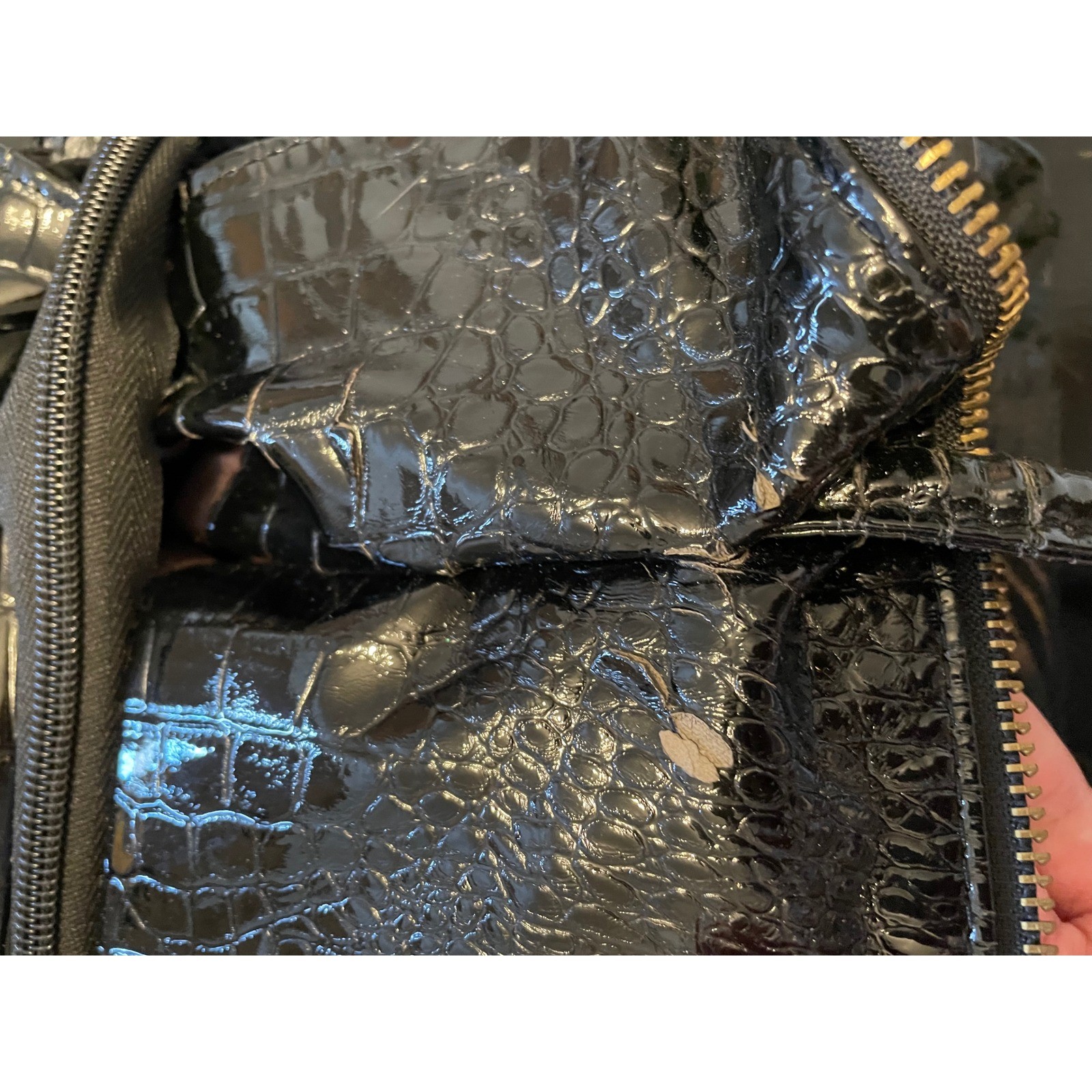 D&G Dolce & Gabbana Zebra Print Faux Fur Croc Embossed Patent Shoulder Bag Black