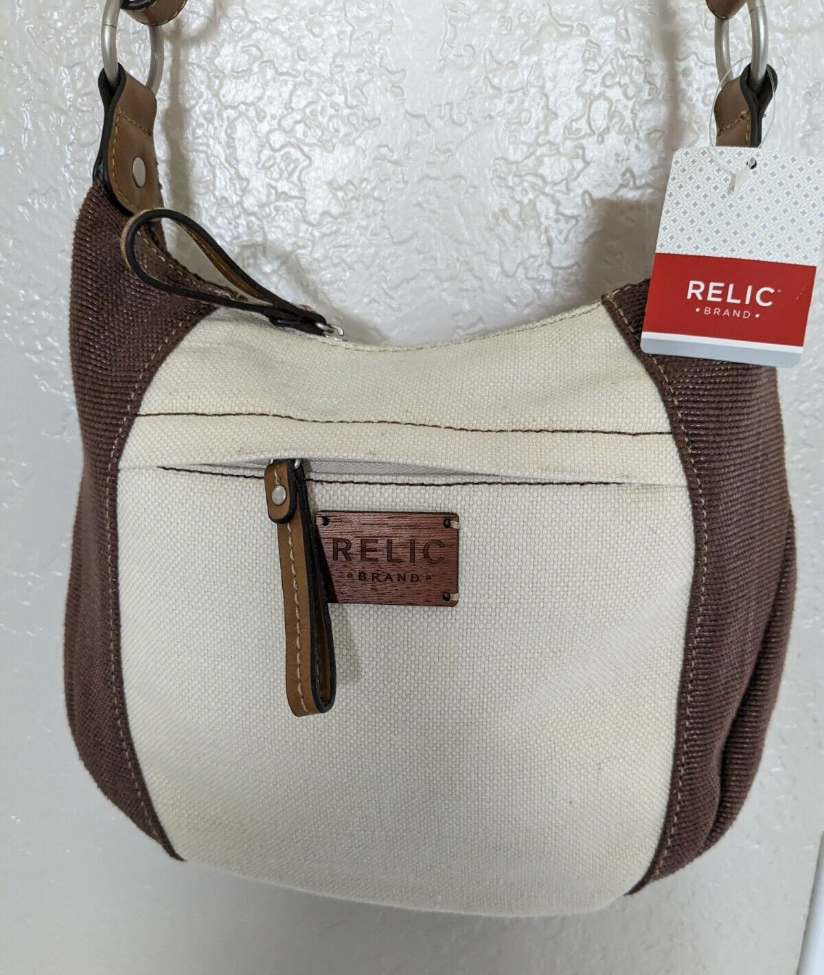 NWT Relic Crossbody Coastal Shoulder Purse Leather Full Zip Brown/Ivory