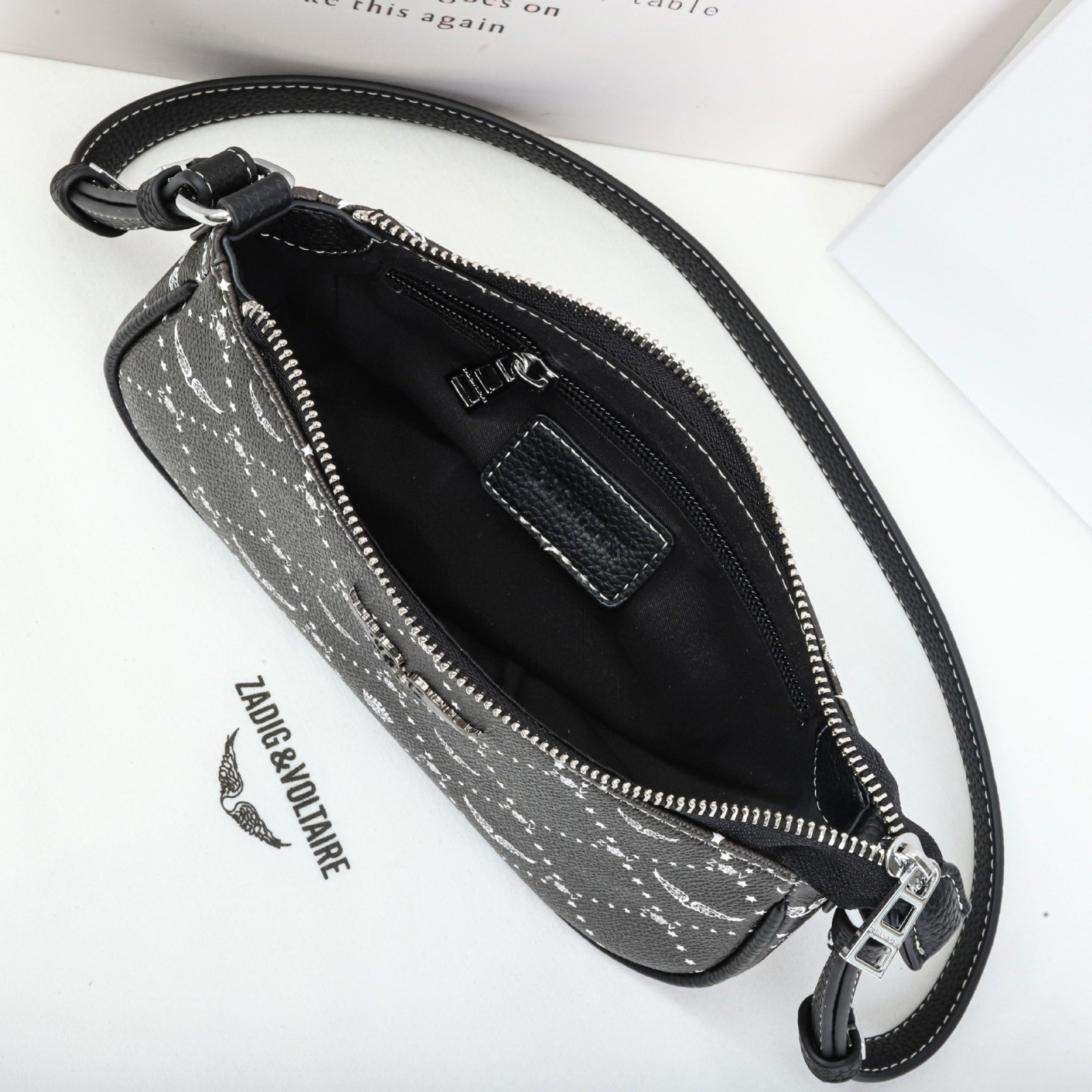 Zadig & Voltaire Black Monogram Leather Shoulder Bag Adjustable 22x6x11cm