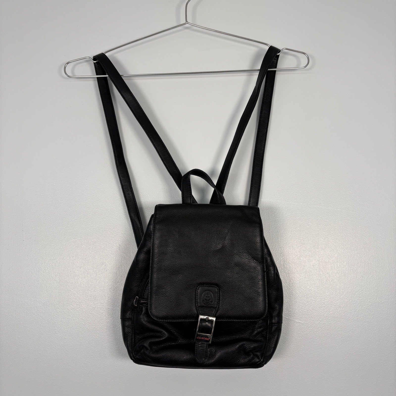 J.G. Hook Womens Mini Backpack Small Black Pebbled Leather Buckle Flap Strap