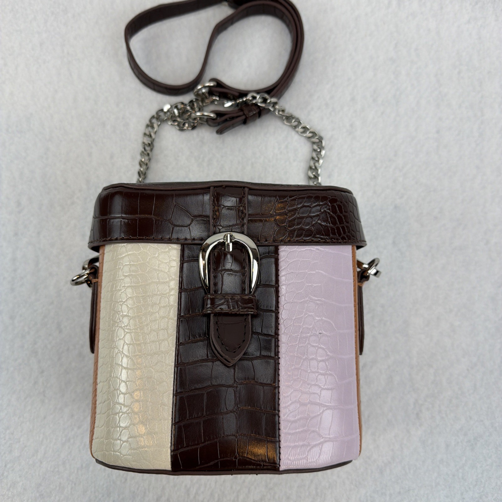 Madden NYC Women’s Purse Faux- Crocodile Embossed Cylinder Bag Silver Chain