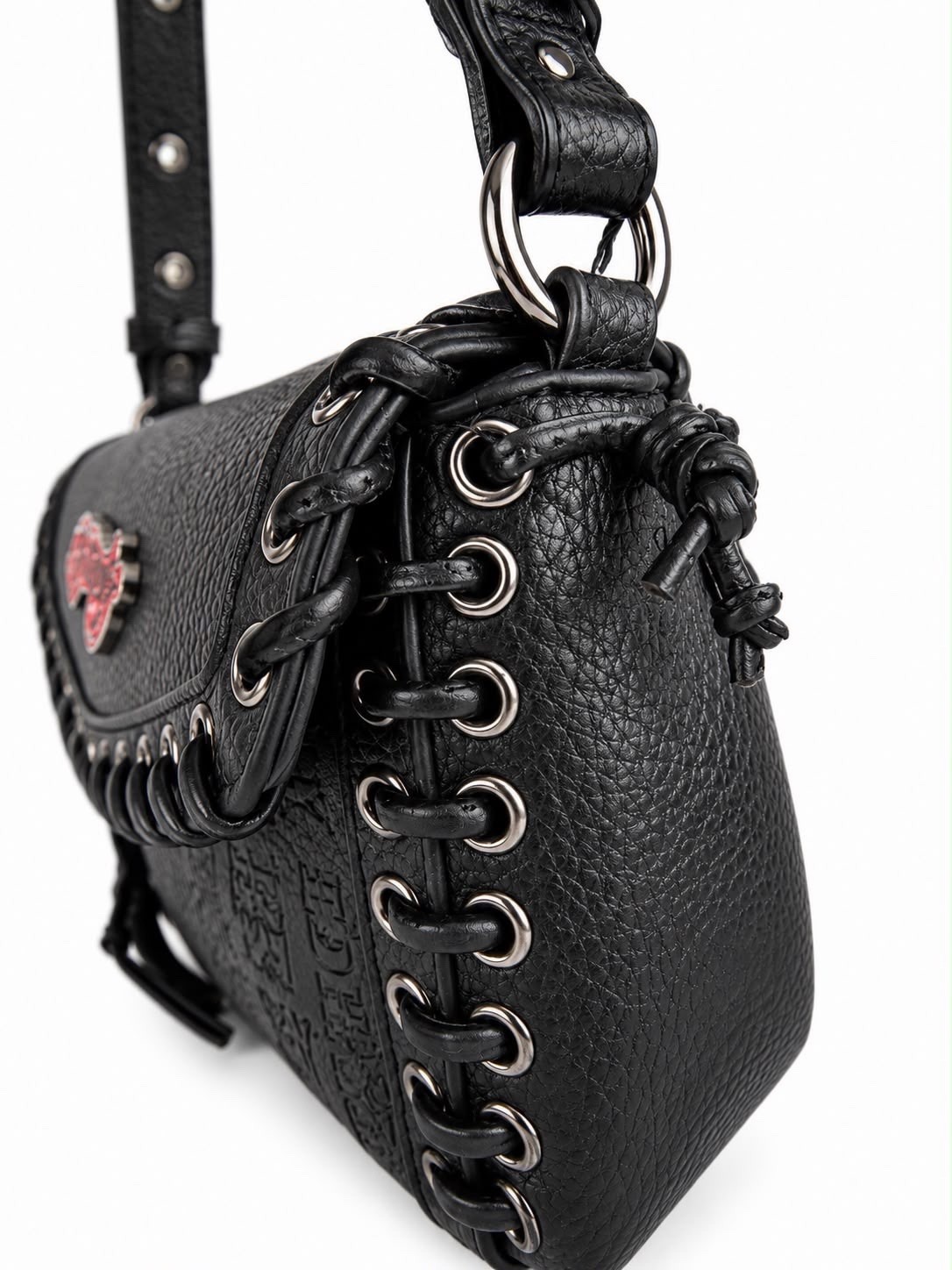 Ed Hardy Shoulder Bag Black Logo Zip Silver Hardware Grommet Coin Purse Women