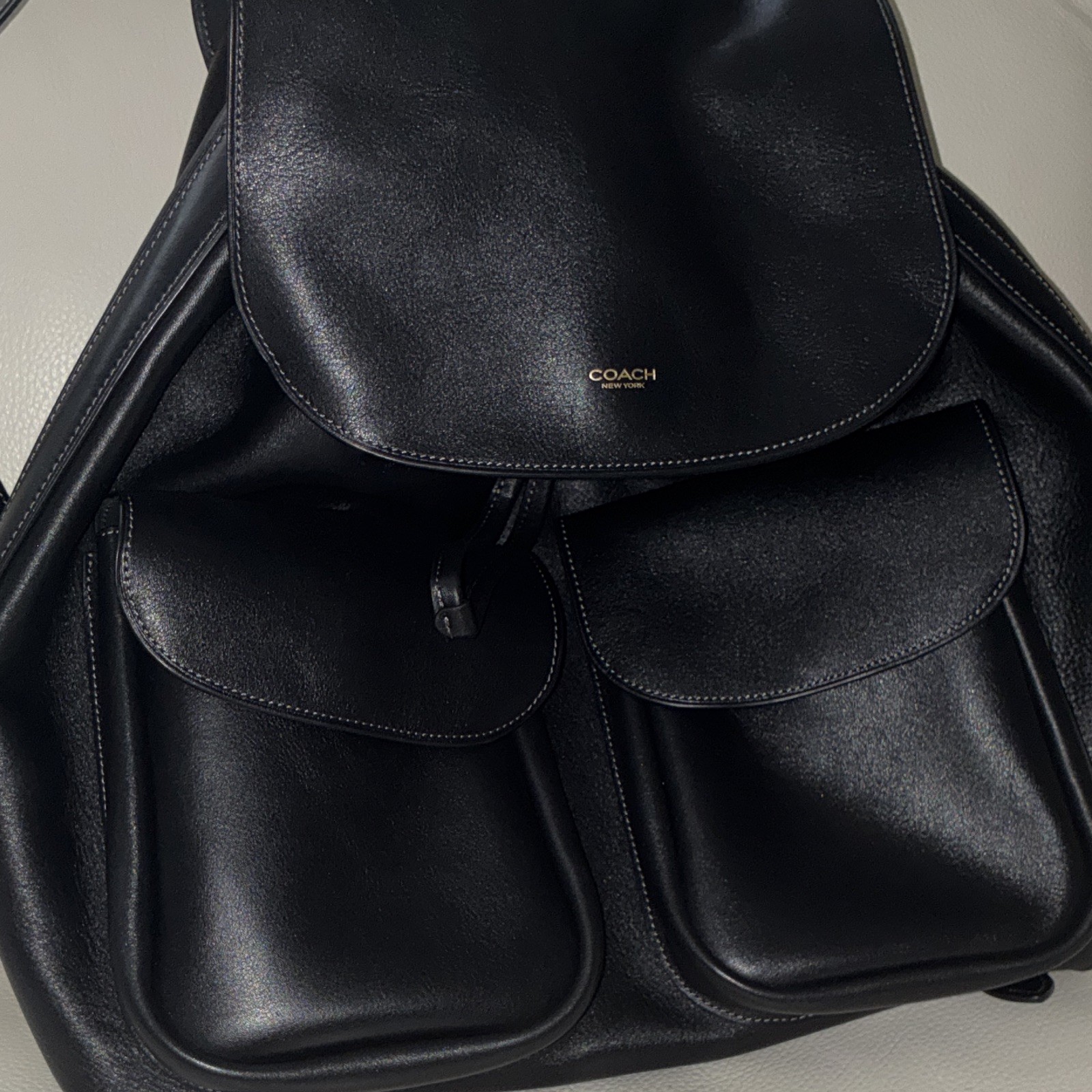 Coach New York Black Drawstring Backpack w/ Front Pockets Dust Bag Gold HW