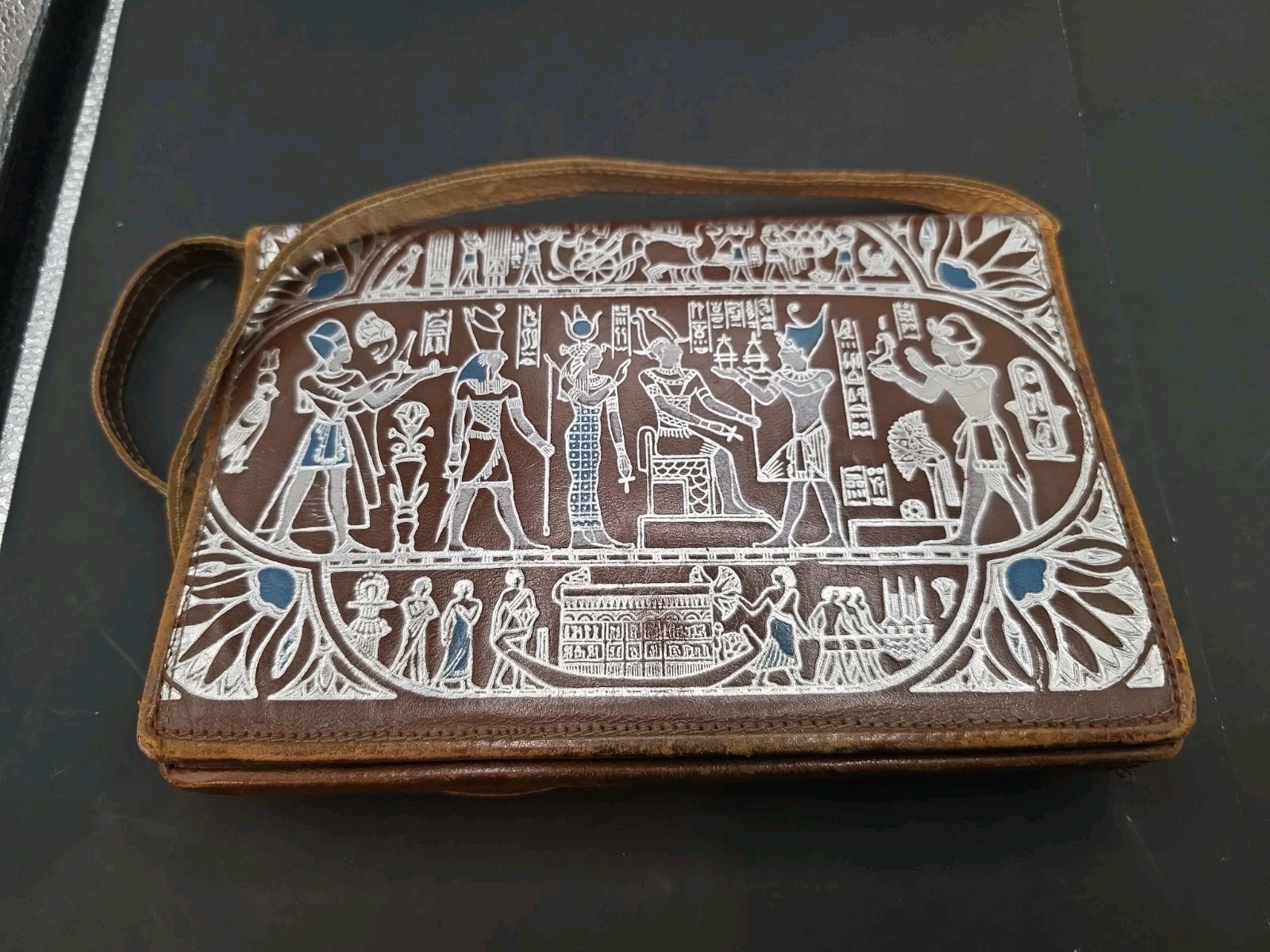 Vintage Egypt Leather Purse Hieroglyphic Embossed Shoulder Bag Boho Festival