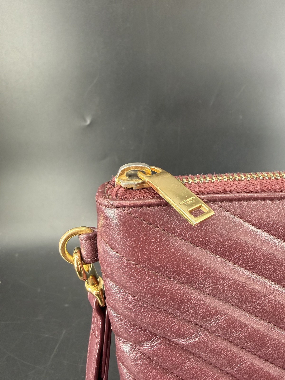 Saint Laurent Cassandre Chevron Bordeaux Red Clutch Bag W/ Box