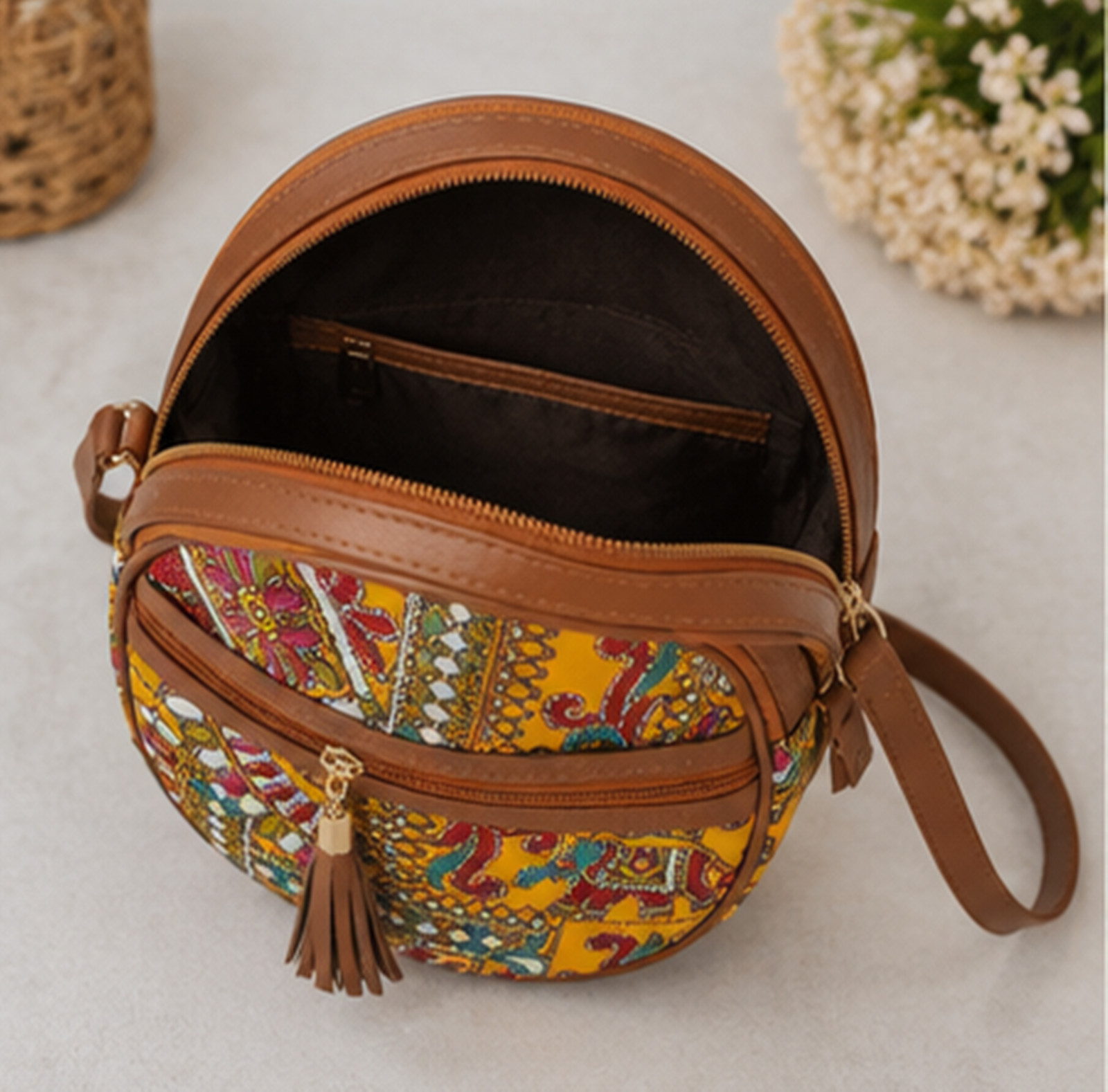 Round Boho Crossbody Bag, Handmade Yellow Tribal Print Purse, Ethnic Circular