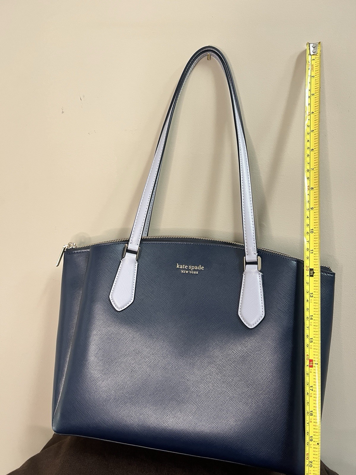 kate spade new york Blue Medium Tote, Zip Top, White Handles, Dust Bag, Gold