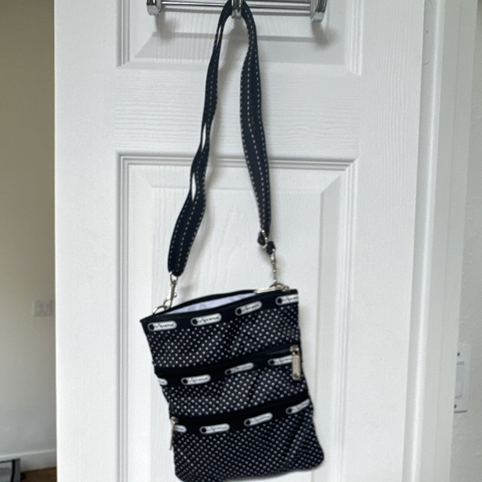 LeSportSac Black & White Polka Dot Zip Crossbody Bag Adjustable Strap Silver