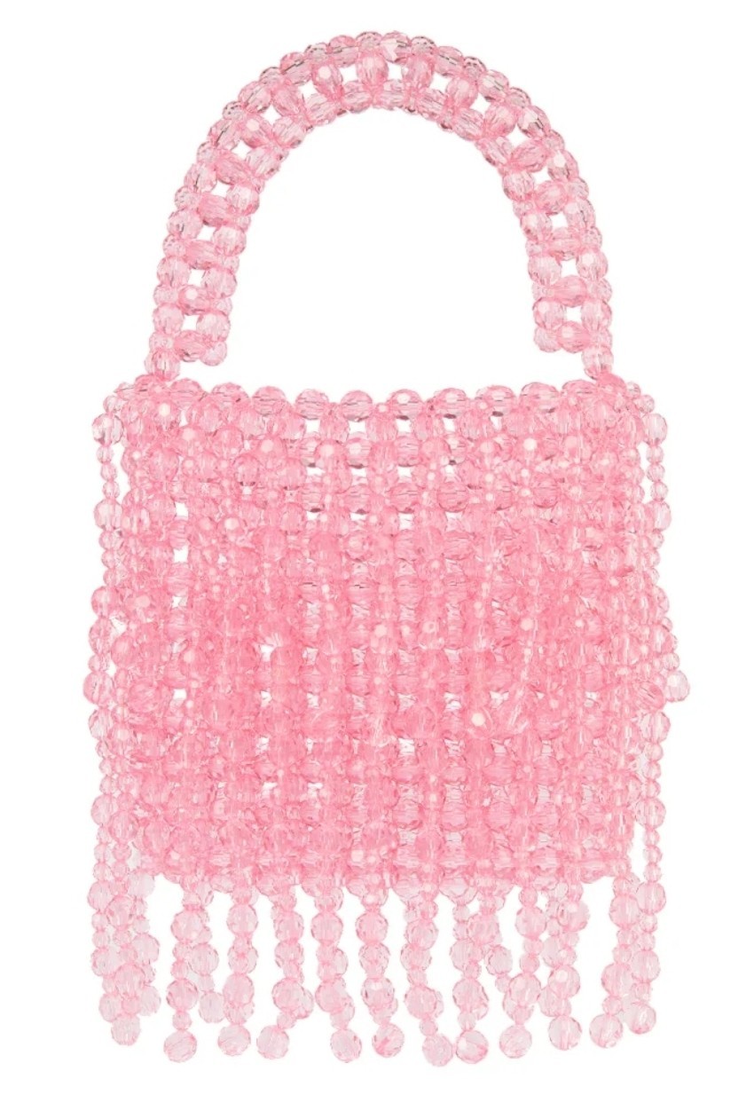 Pink Beaded Mini Top Handle Handbag Purse w/ Fringe, Party/Cocktail