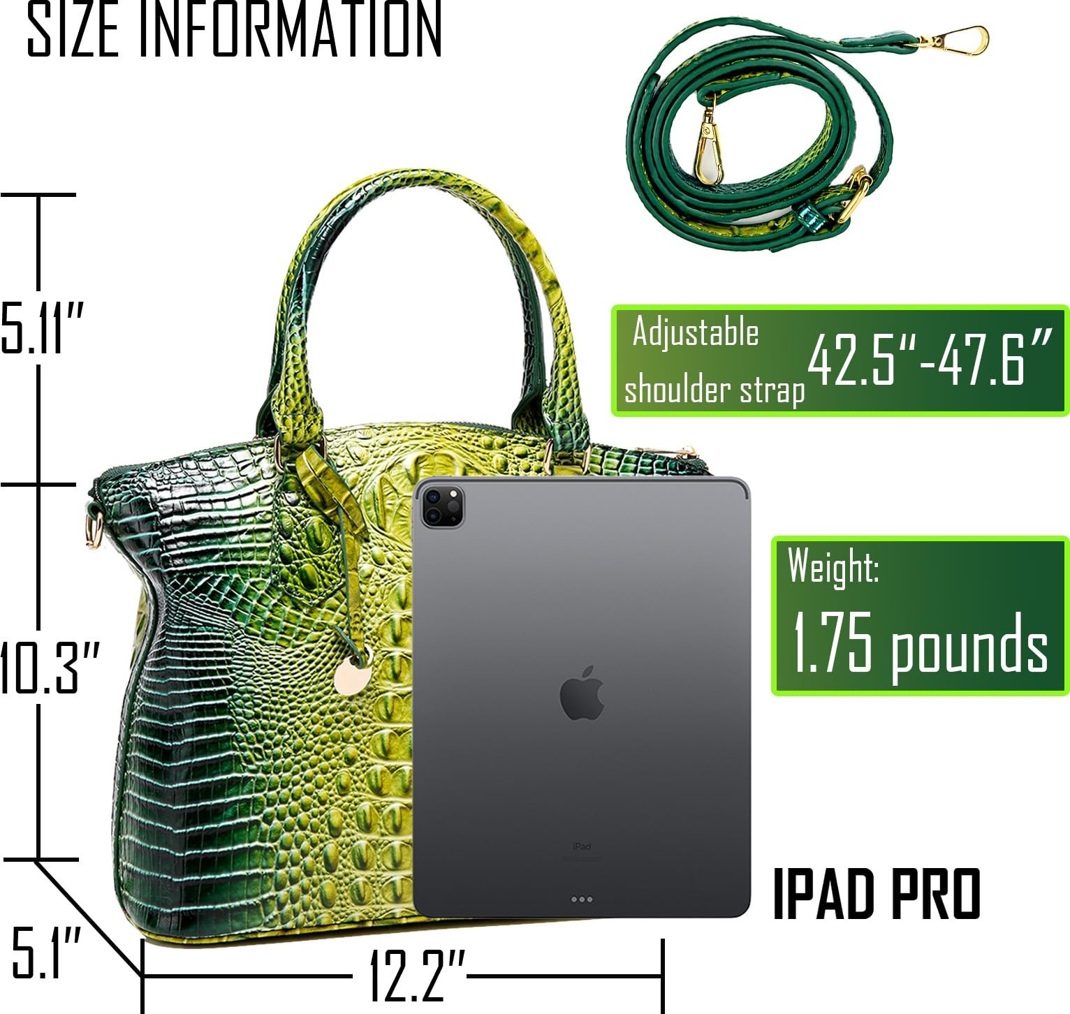 Crocodile Leather Tote Purse for Women 11.8″ x 5.1″ x 10.6″, 1-jade Green
