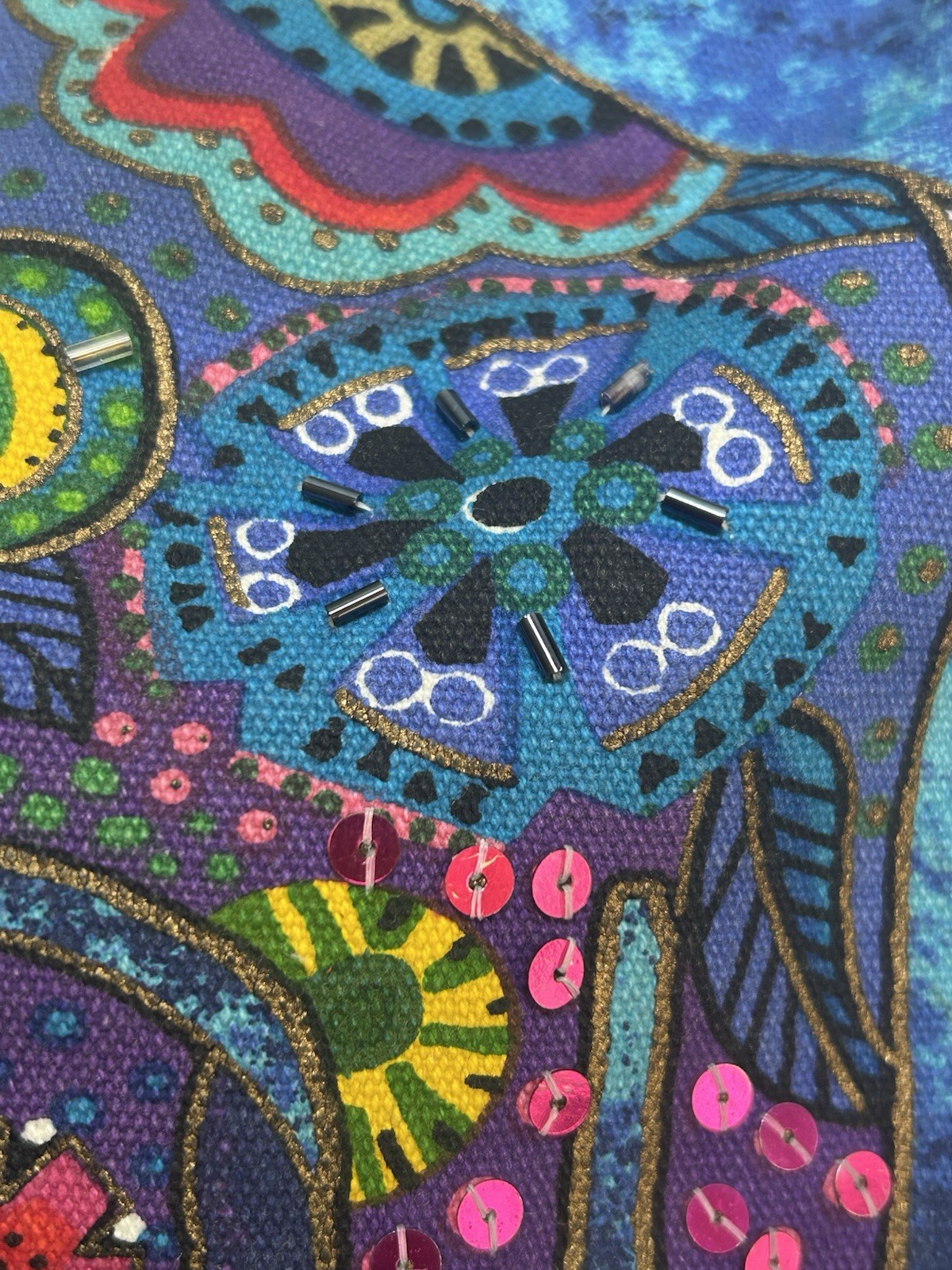 Laurel Burch Canvas Purse Tote Blue With Abstract Dogs Colorful Sequin Bag Charm