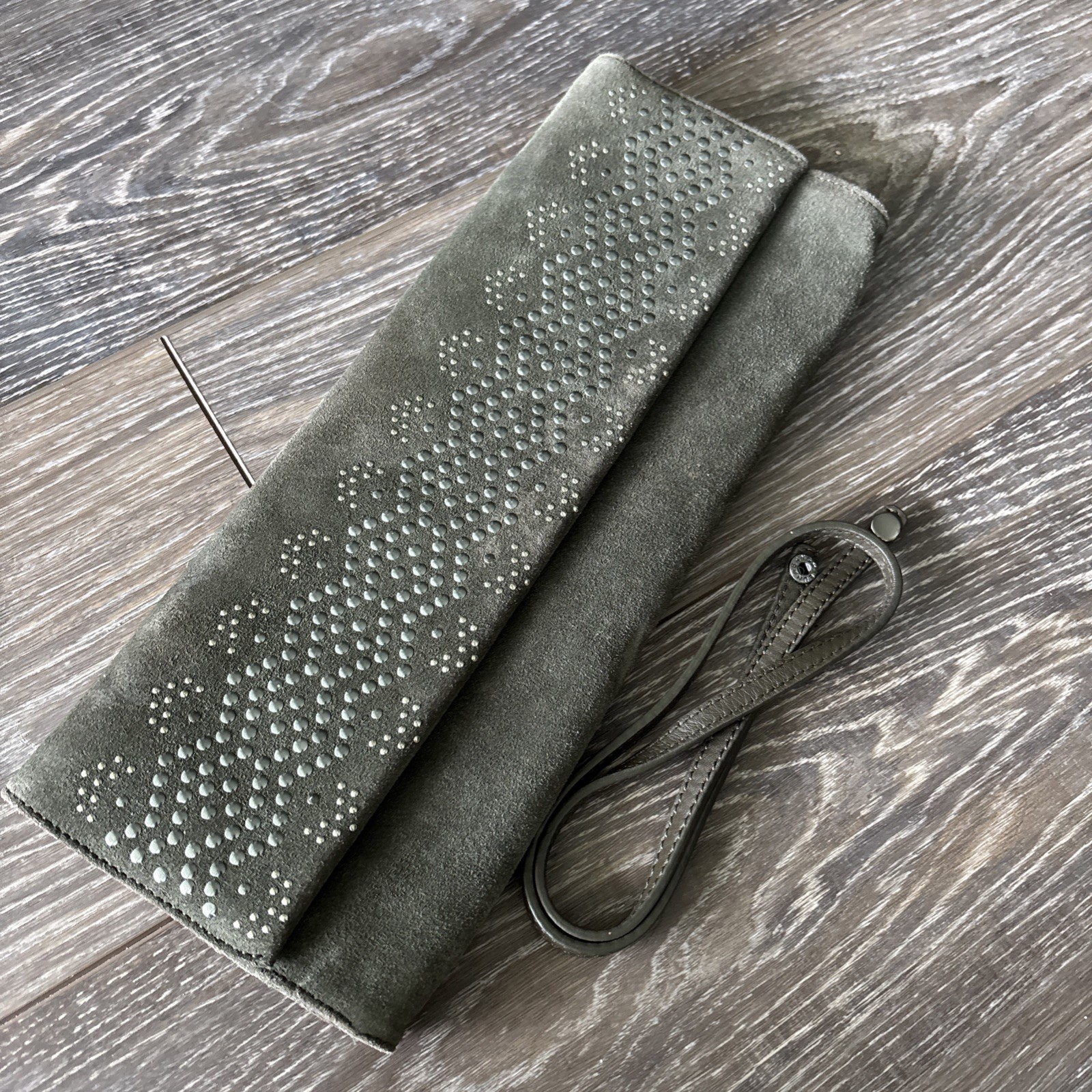 NWOT Via Spiga Olive Suede Clutch Bag Shoulder Strap 13×5 In