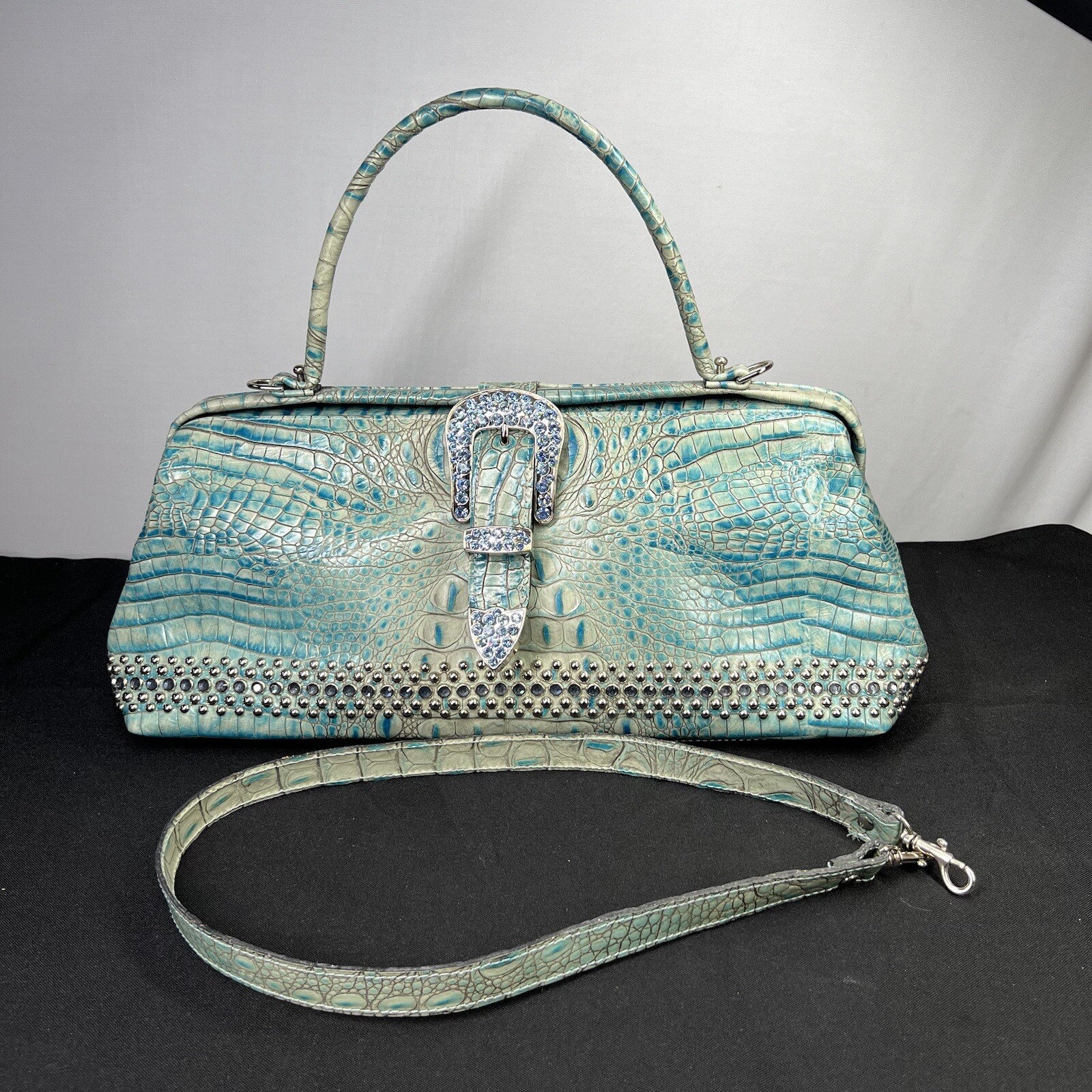 Raviani Turquoise Snake Print Rhinestone Studded Handbag Purse – NEW