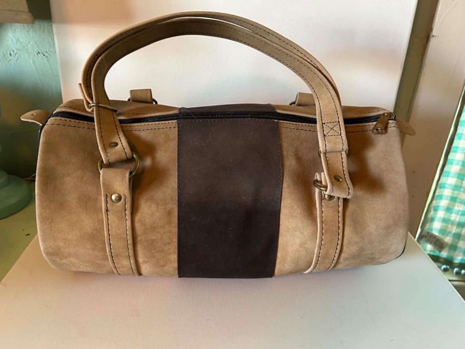 Vintage 70s 80s Suede Barrel Bag Two Tone Brown Tan YKK Zipper Retro Cylinder