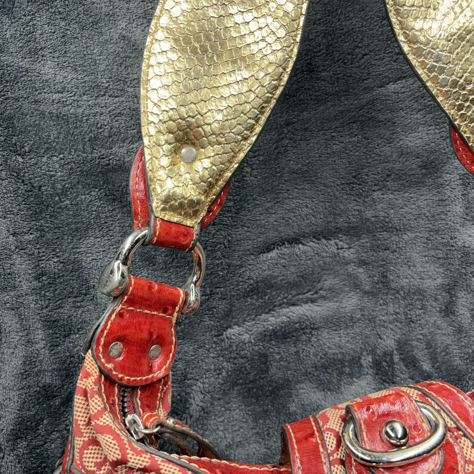 Guess Y2K Red Monogram Satchel Bag Faux Ostrich Trim Y2K Leopard Print RARE