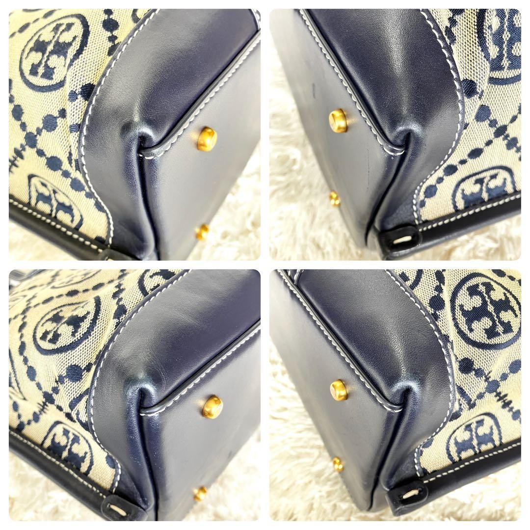 Tory Burch Perry T Monogram Triple Compartment Navy Beige Leather Tote Bag