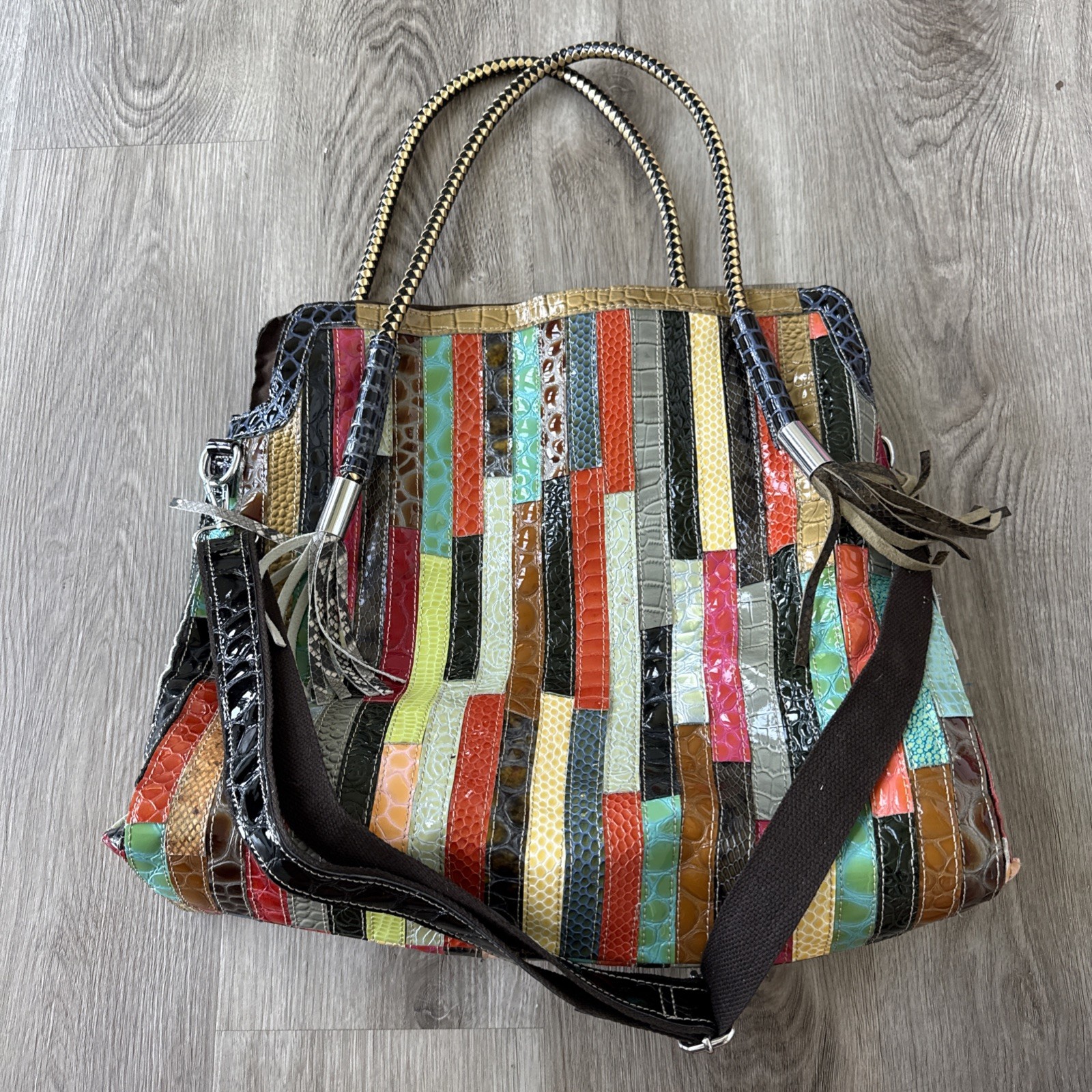 Patent Leather Large Tote W/handles Multicolor Patchwork strips Boho Style