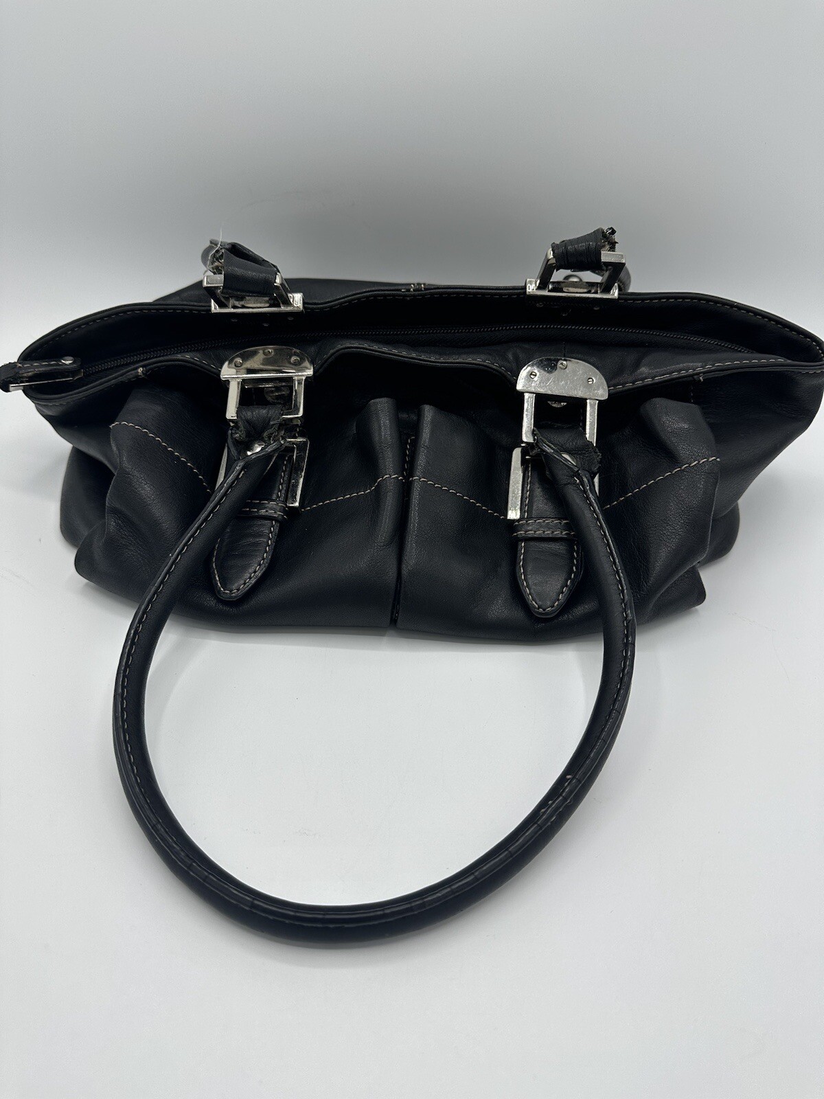 Tignanello Black Pebbled Leather Multi-Pocket Organizer Double Handle Bag Purse