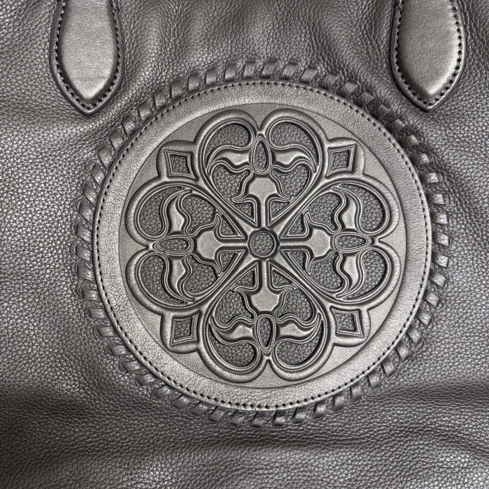 BRIGHTON FERRARA COLLECTION PEWTER GABRIELLA MEDALLION TASSELED TOTE PURSE