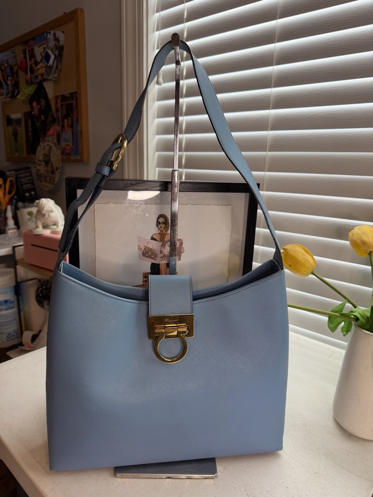 Salvatore Ferragamo Gancini Leather Shoulder Bag Light Blue Gold Hardware