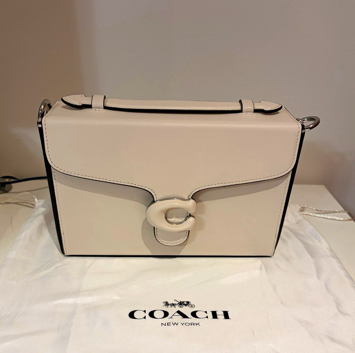 Coach Tabby Box Bag in Cream with Silver hardware, cross body and wrist strap.