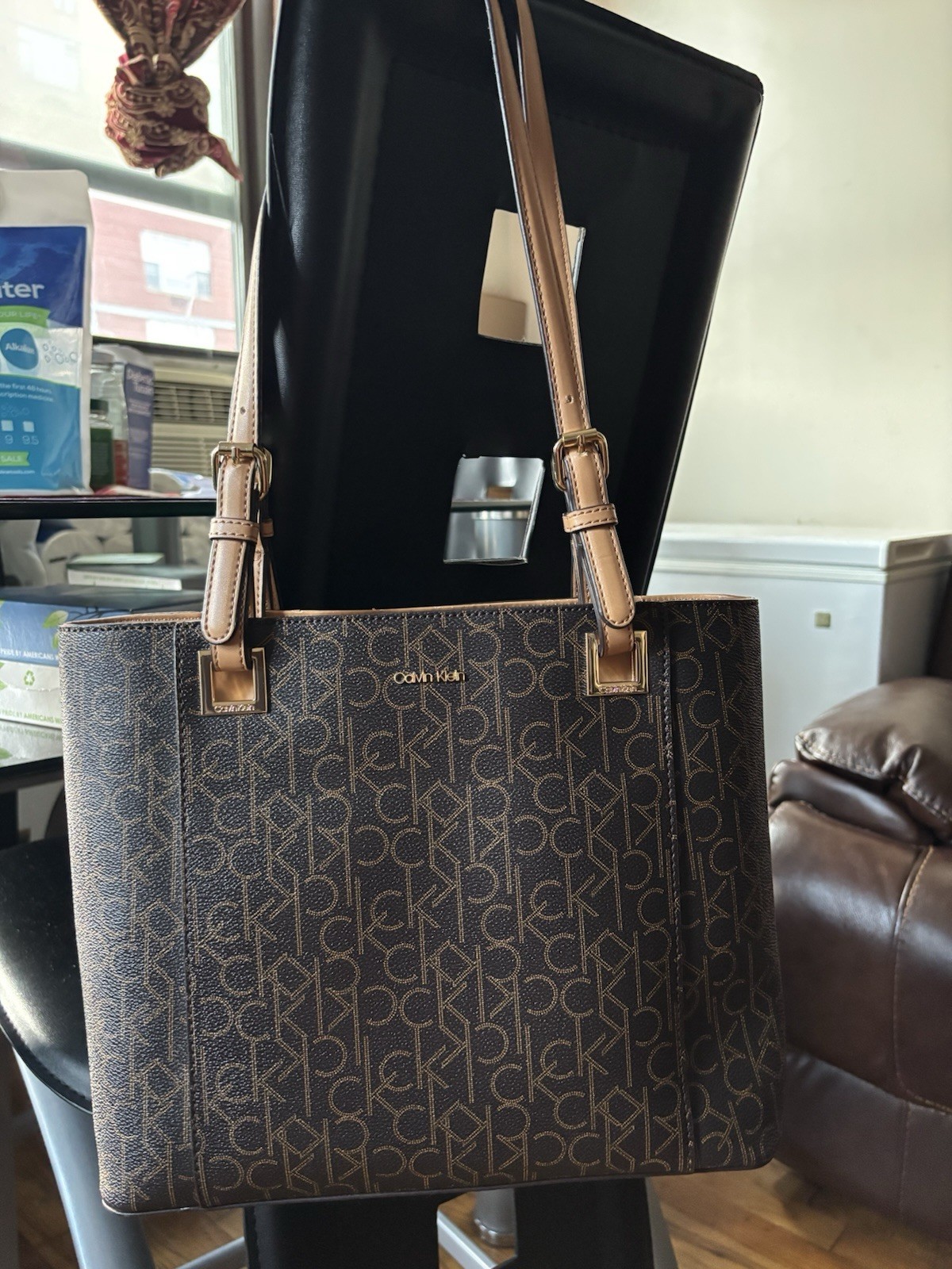 Calvin Klein CK Monogram Large Tote Zip Top Detachable Strap Gold Hardware