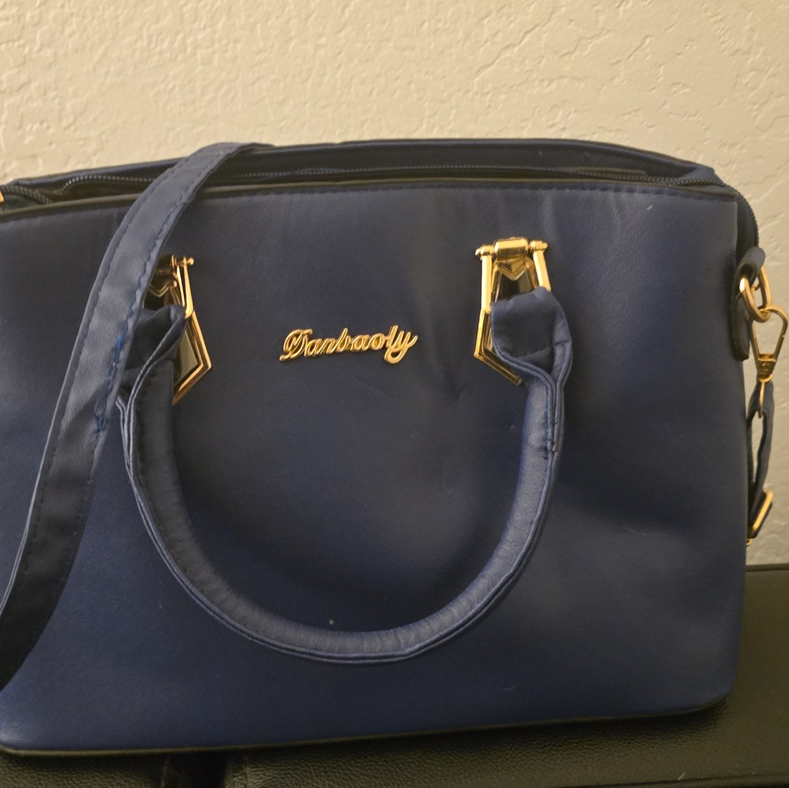 Ganbaoty Blue Solid Satchel Top Handle Zip Detachable Adjustable Strap Gold