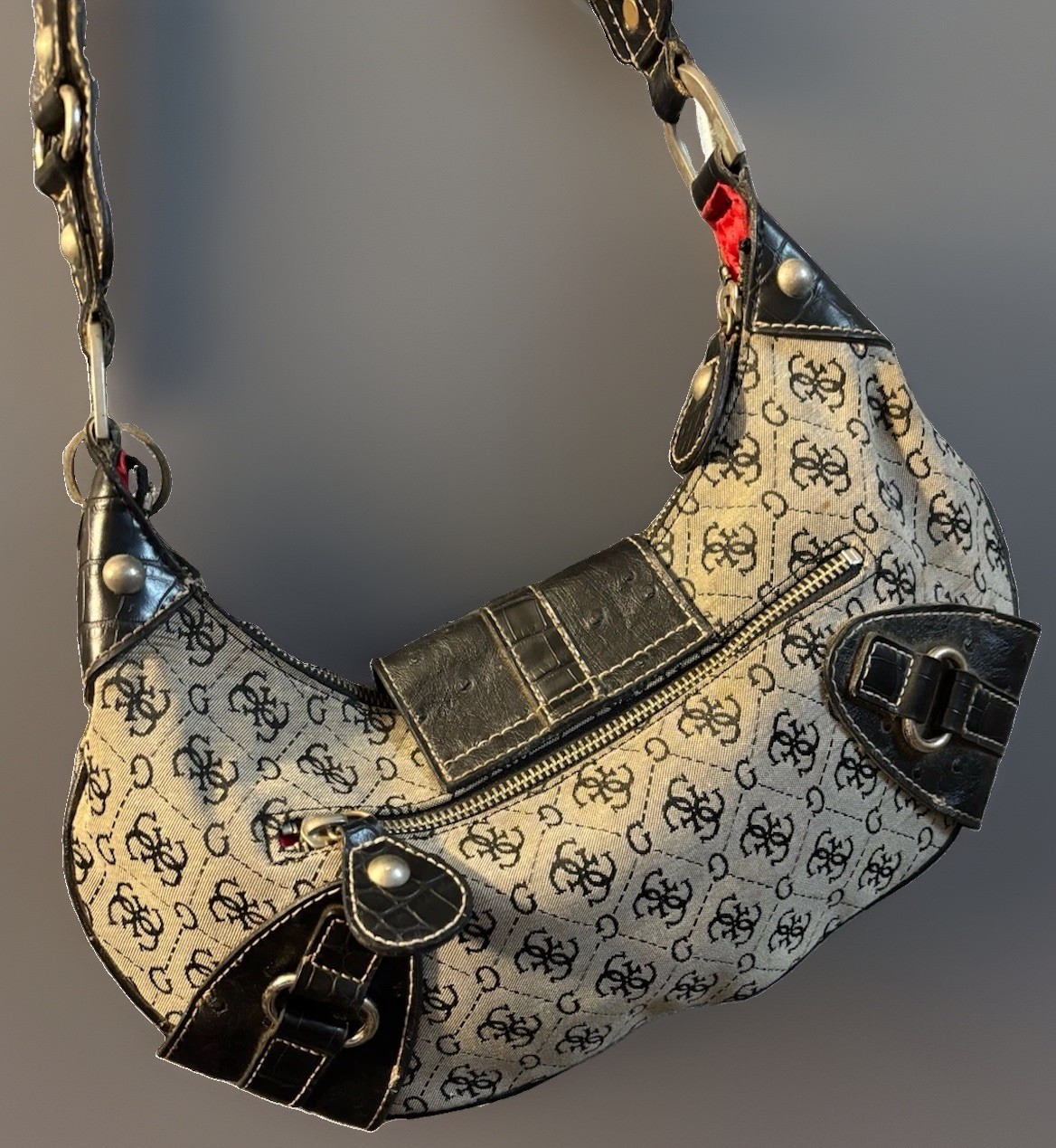 Vintage Y2K Guess Monogram Jacquard Crescent Hobo Bag Gray Croc Buckle Purse